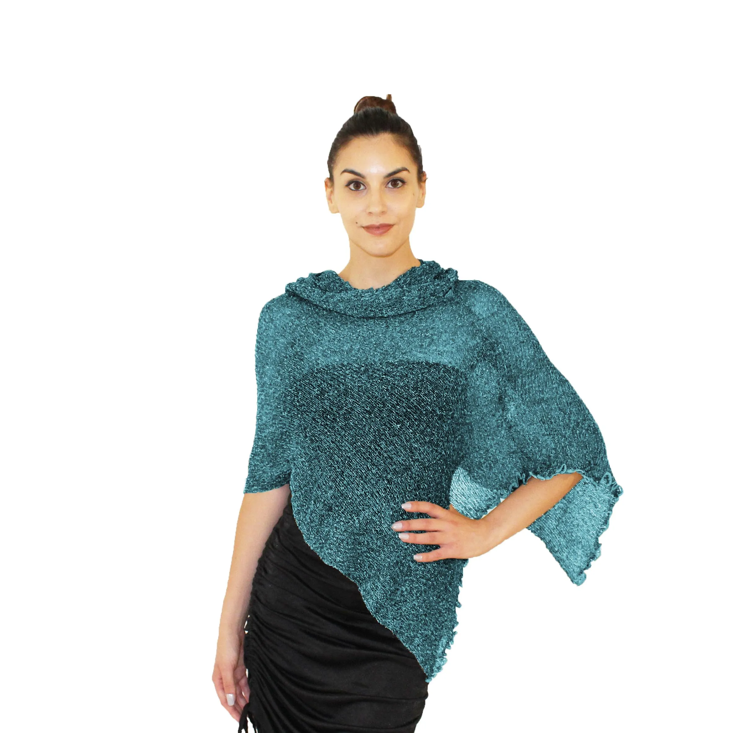 creazioni unique Poncho Coprispalle Donna in Viscosa e Lurex (Petrolio Argento) - immagine 1