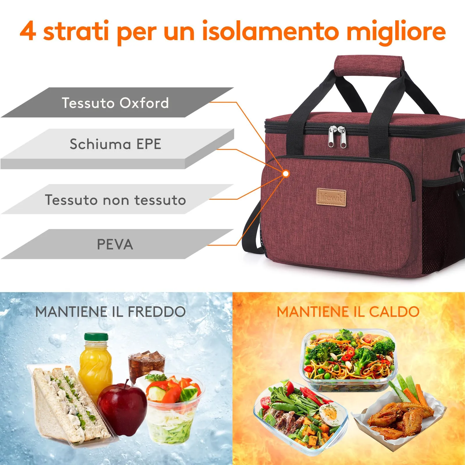 Lifewit Borsa Termica Porta Pranzo 9L, Borgogna - immagine 2