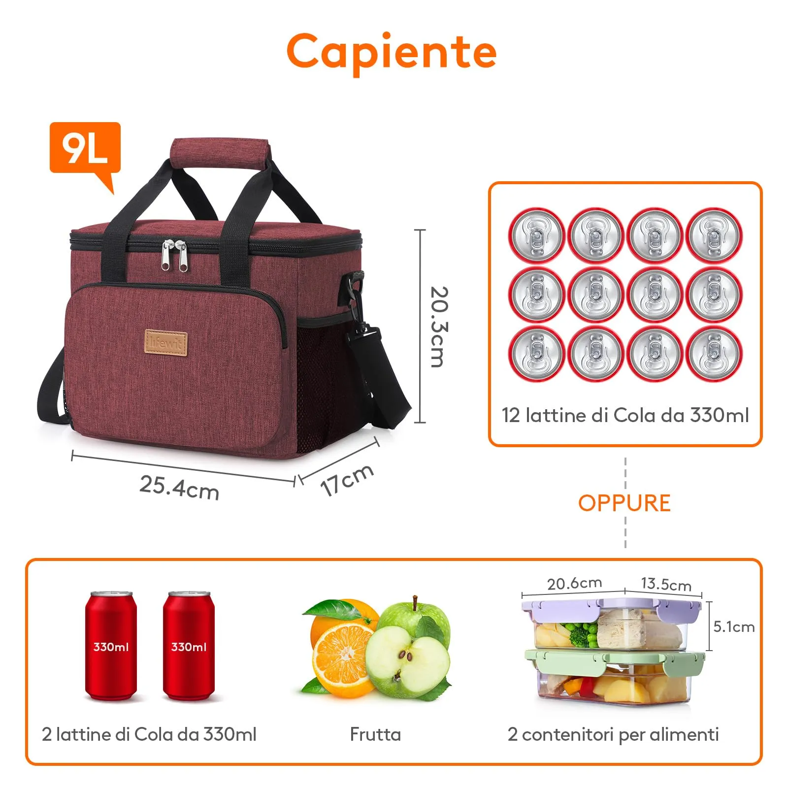 Lifewit Borsa Termica Porta Pranzo 9L, Borgogna - immagine 4