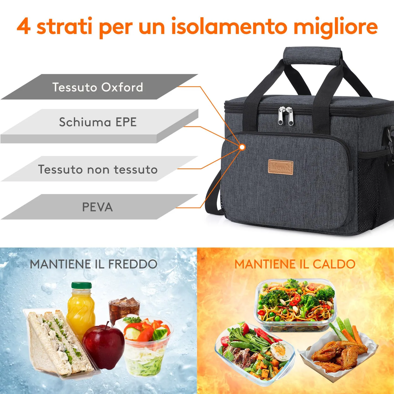 Lifewit Borsa Termica Porta Pranzo 9L, Grigio Scuro - immagine 2