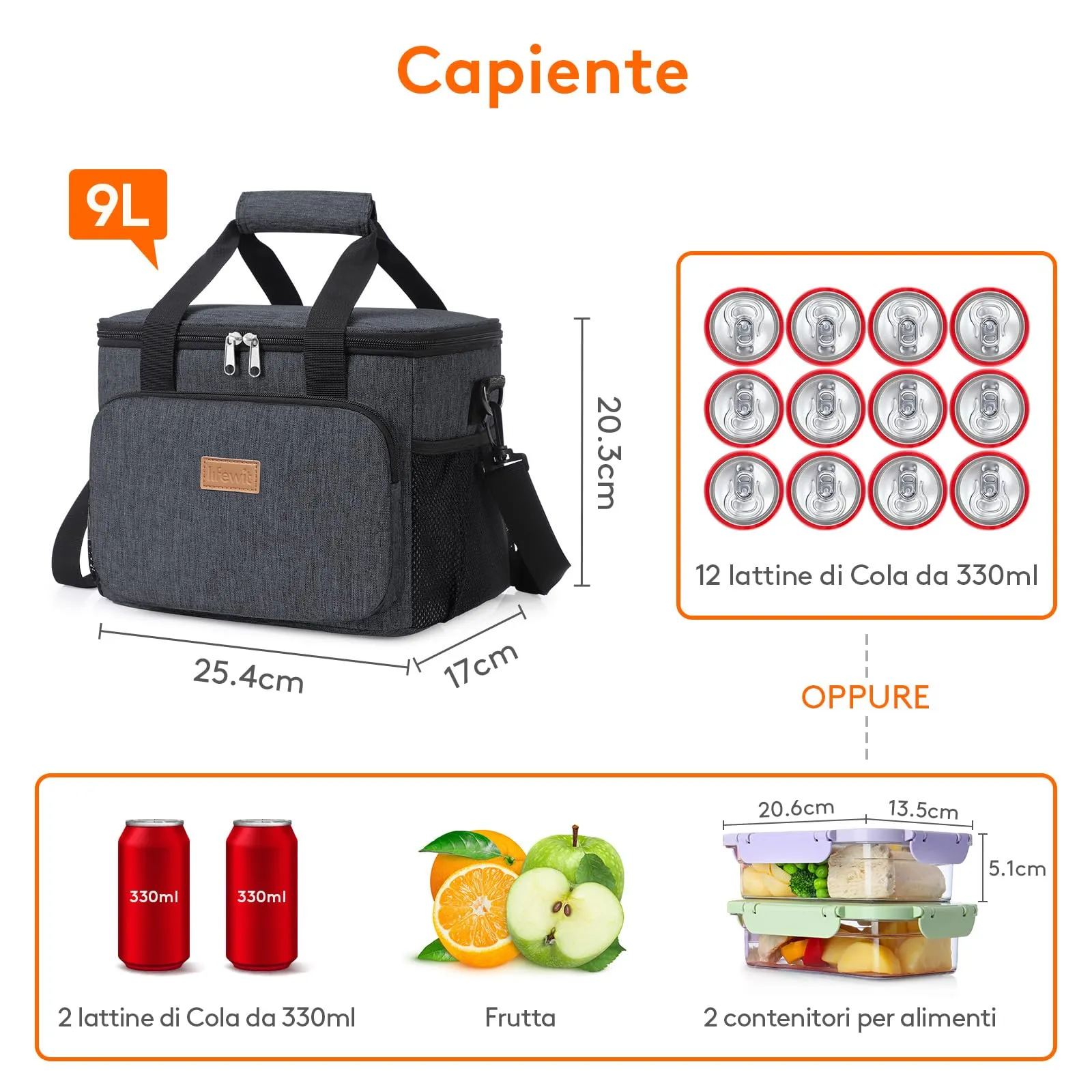 Lifewit Borsa Termica Porta Pranzo 9L, Grigio Scuro - immagine 5