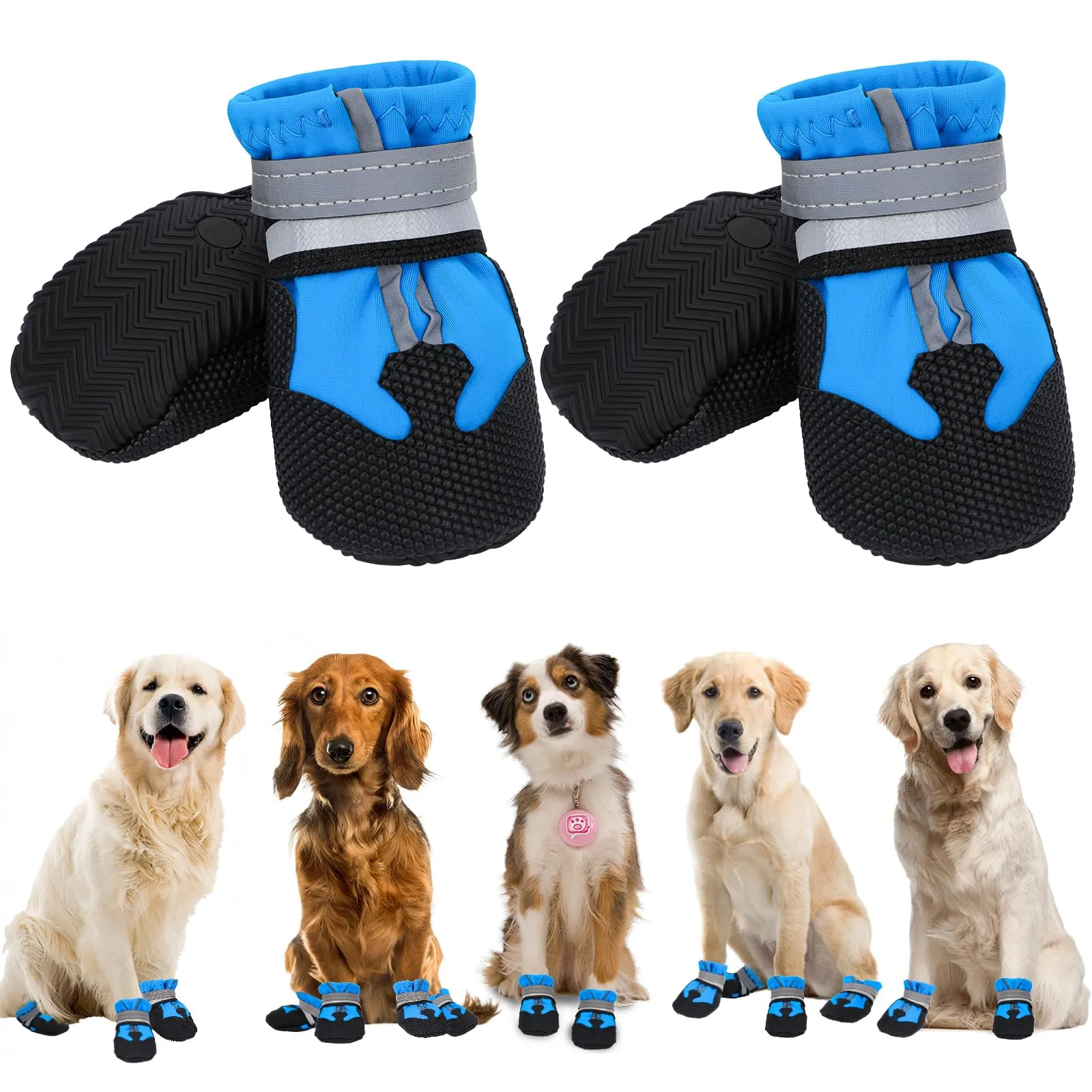 QKURT Stivali per Cani Impermeabili con Cinghie Riflettenti, Antiscivolo e Regolabili, 4 Pezzi, Blu, Taglia XXL - immagine 1