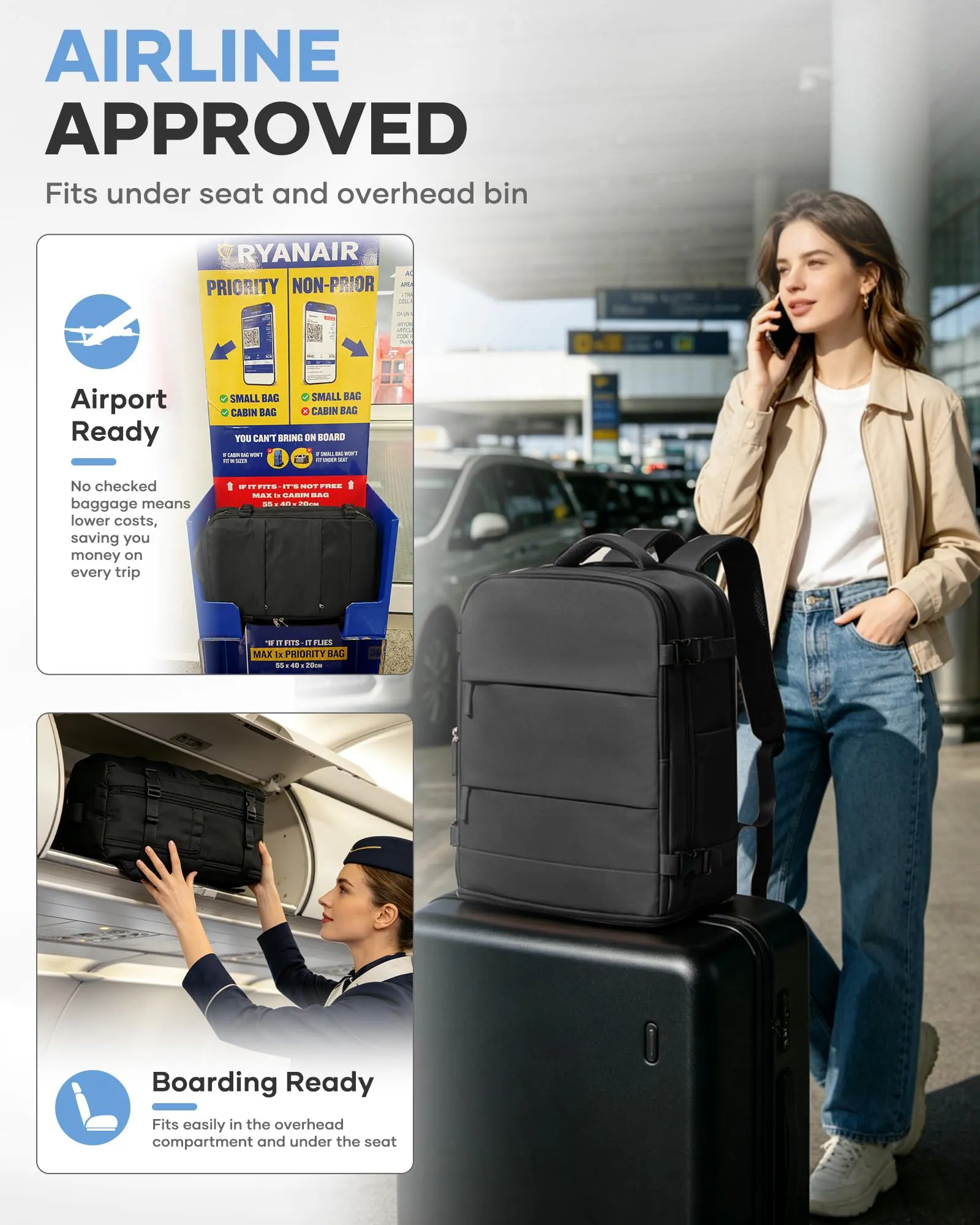 BJLFS Borse da Cabina Ryanair 40x30x20 Bagaglio a Mano per Donna e Uomo - immagine 4