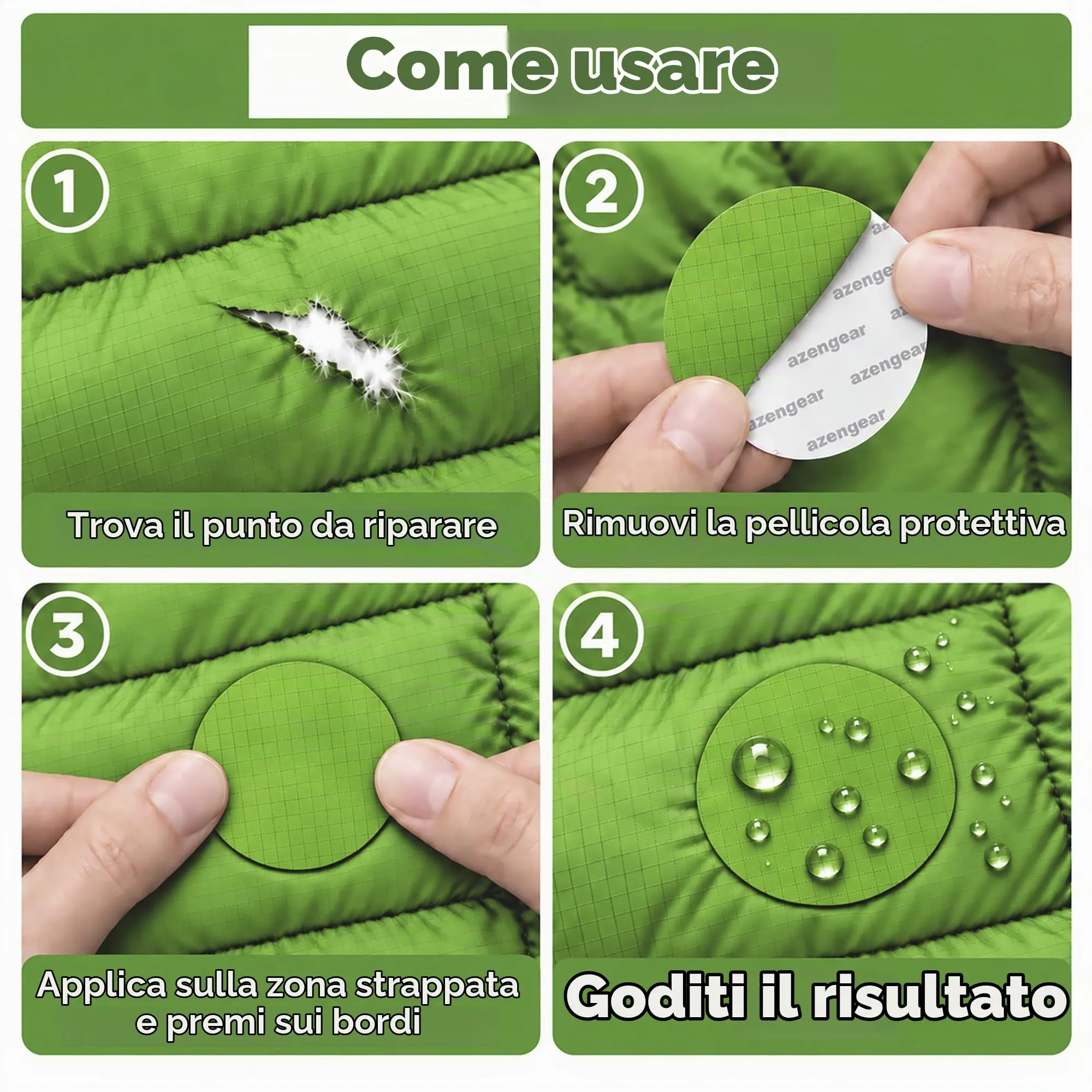 aZengear Toppe di Riparazione Impermeabili per Piumino e Tenda, 11 Pezzi, Verde Neon - immagine 2