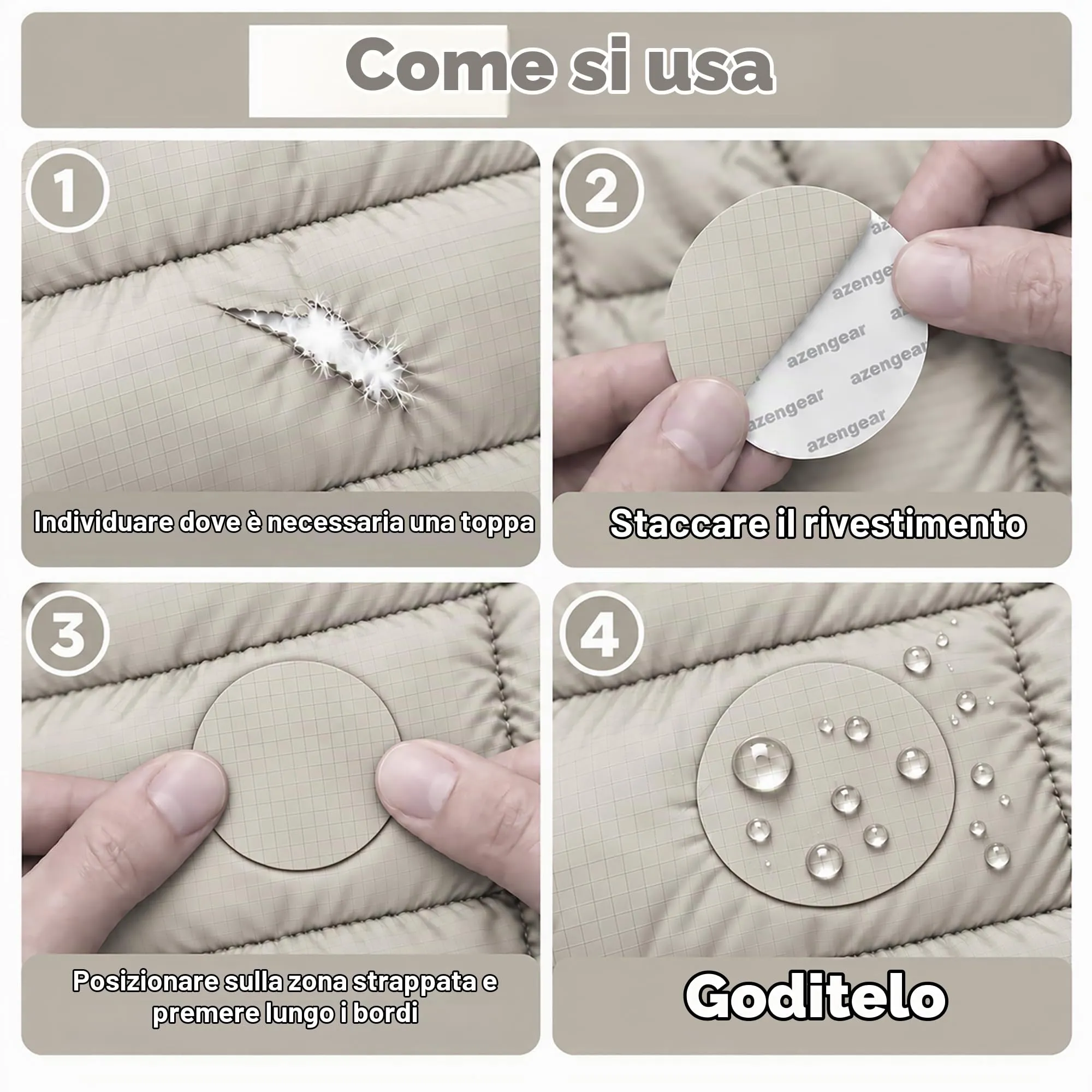 aZengear Kit Toppe di Riparazione Impermeabili per Piumino e Tenda, 11 Pezzi, Beige Chiaro - immagine 2