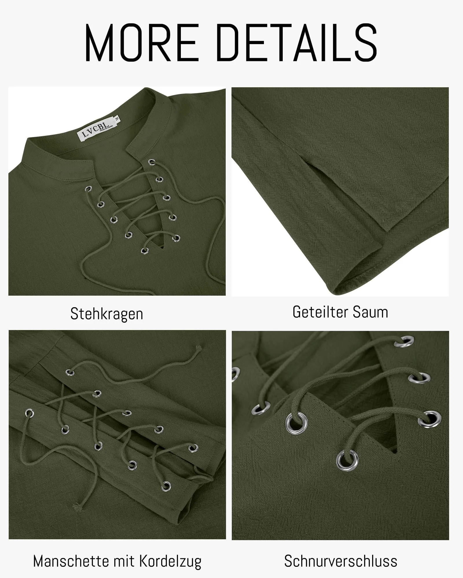 LVCBL Camicia Uomo in Cotone e Lino, Collo a V, Verde Militare, 3XL - immagine 6