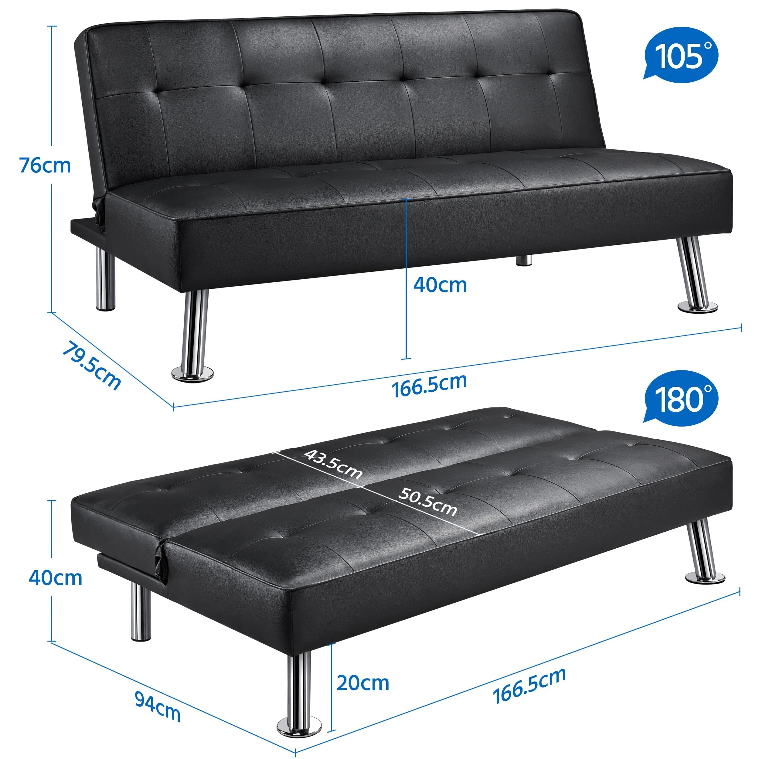 Yaheetech Divano Letto 3 Posti Trasformabile in Ecopelle Nero - immagine 3