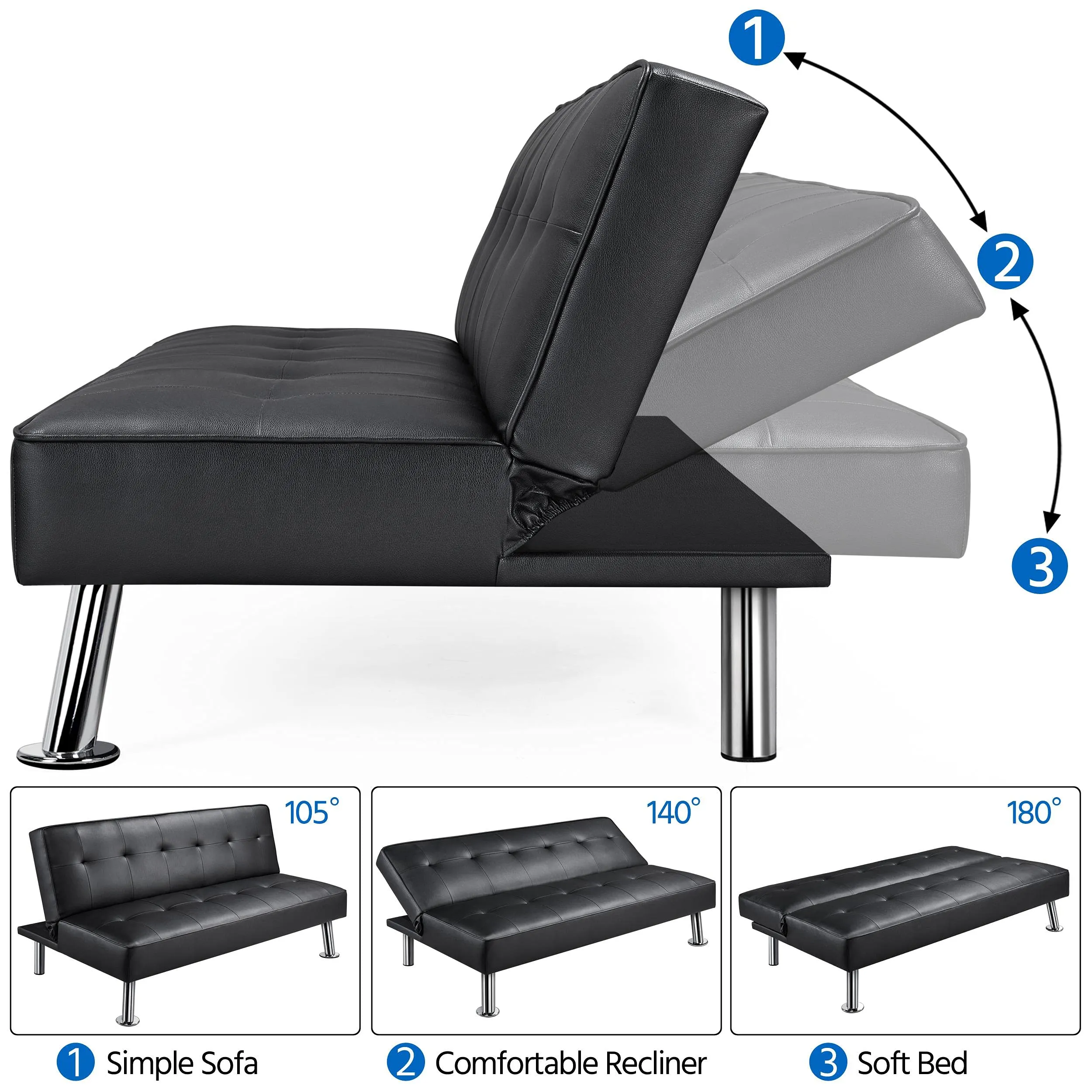 Yaheetech Divano Letto 3 Posti Trasformabile in Ecopelle Nero - immagine 5