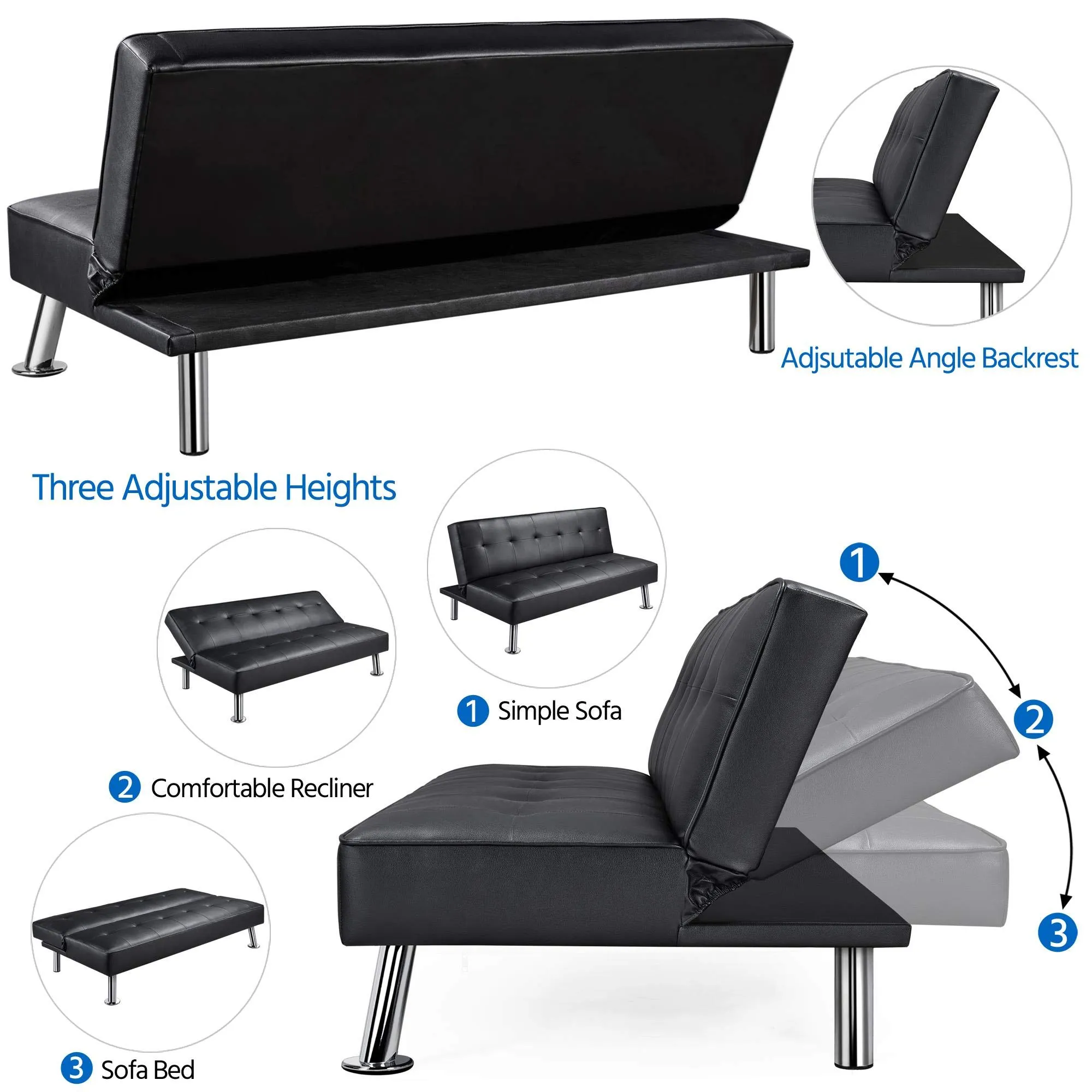 Yaheetech Divano Letto 3 Posti Trasformabile in Ecopelle Nero - immagine 8