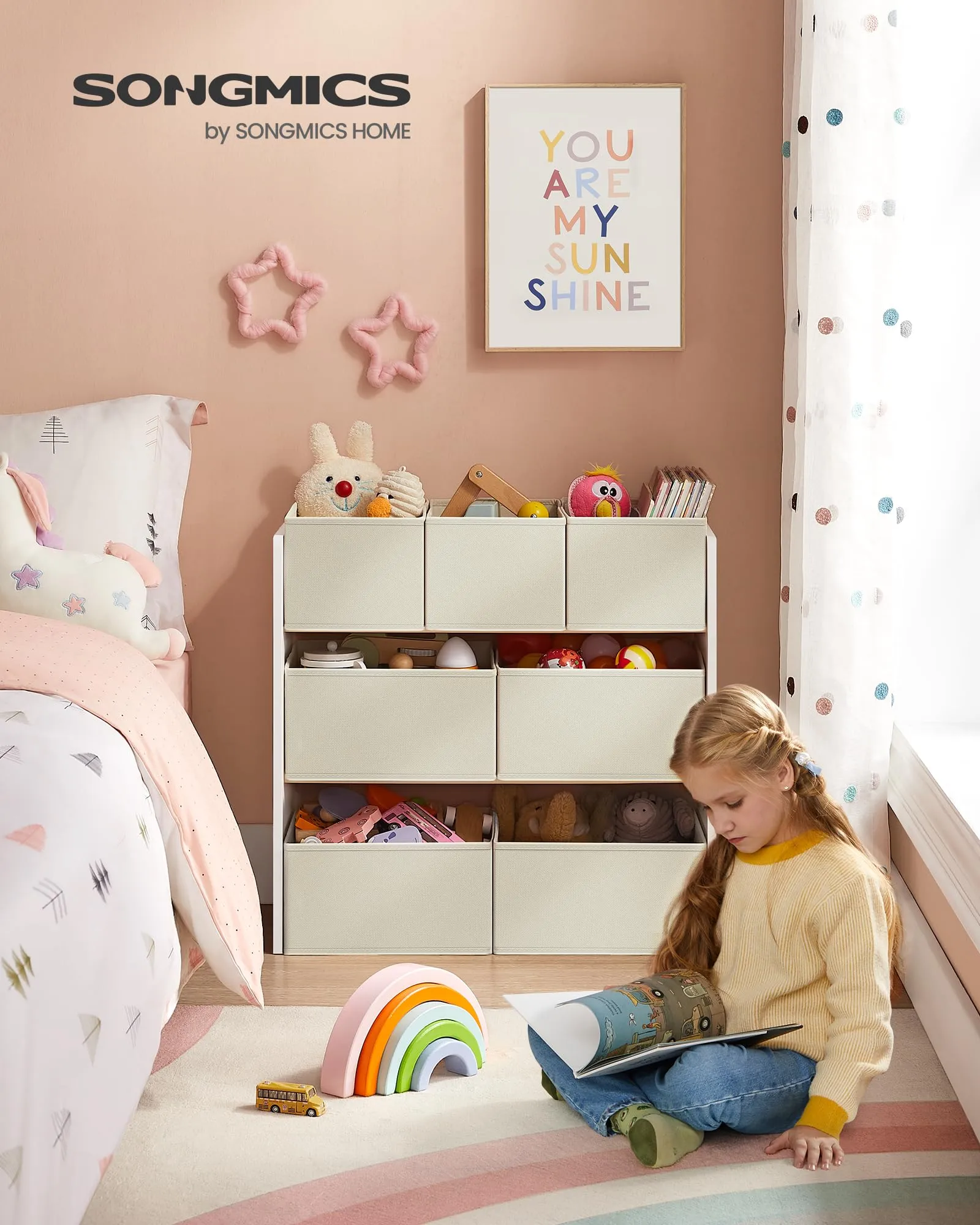 SONGMICS Scaffale per Giocattoli e Libreria per Bambini con 7 Contenitori, 29,5 x 62,5 x 60 cm, Bianco Nuvola GKR034W10 - immagine 3