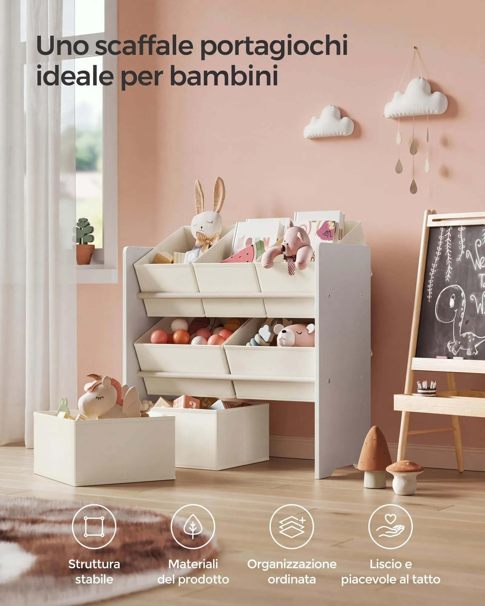 SONGMICS Scaffale per Giocattoli e Libreria per Bambini con 7 Contenitori, 29,5 x 62,5 x 60 cm, Bianco Nuvola GKR034W10 - immagine 4