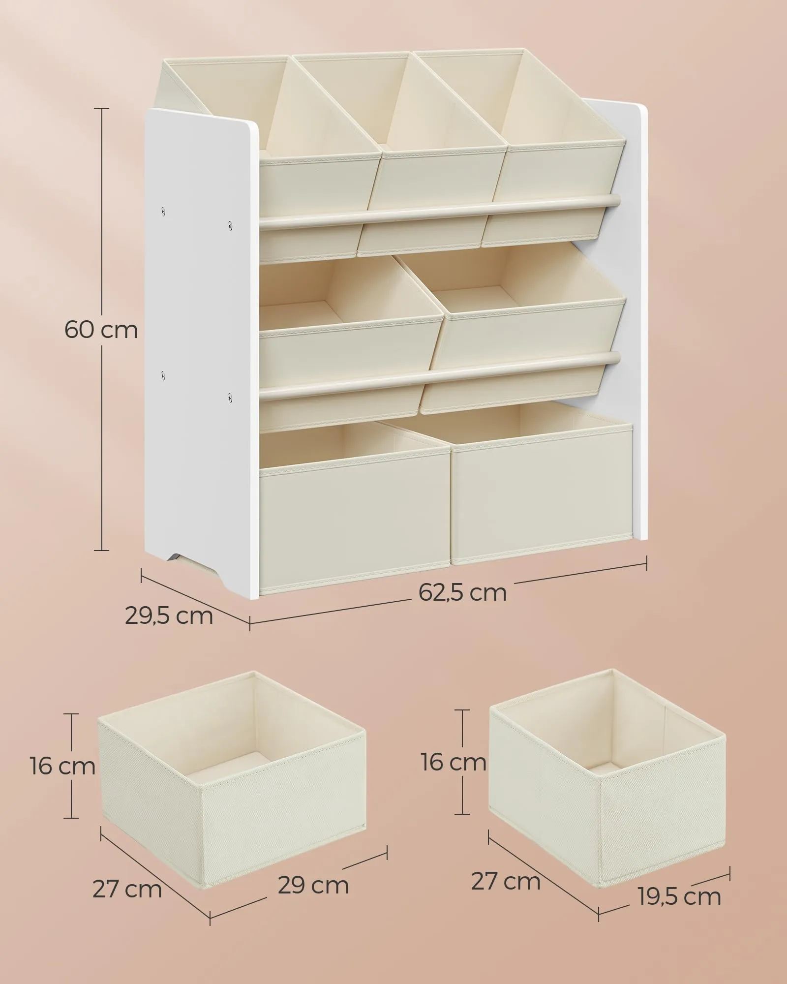 SONGMICS Scaffale per Giocattoli e Libreria per Bambini con 7 Contenitori, 29,5 x 62,5 x 60 cm, Bianco Nuvola GKR034W10 - immagine 7