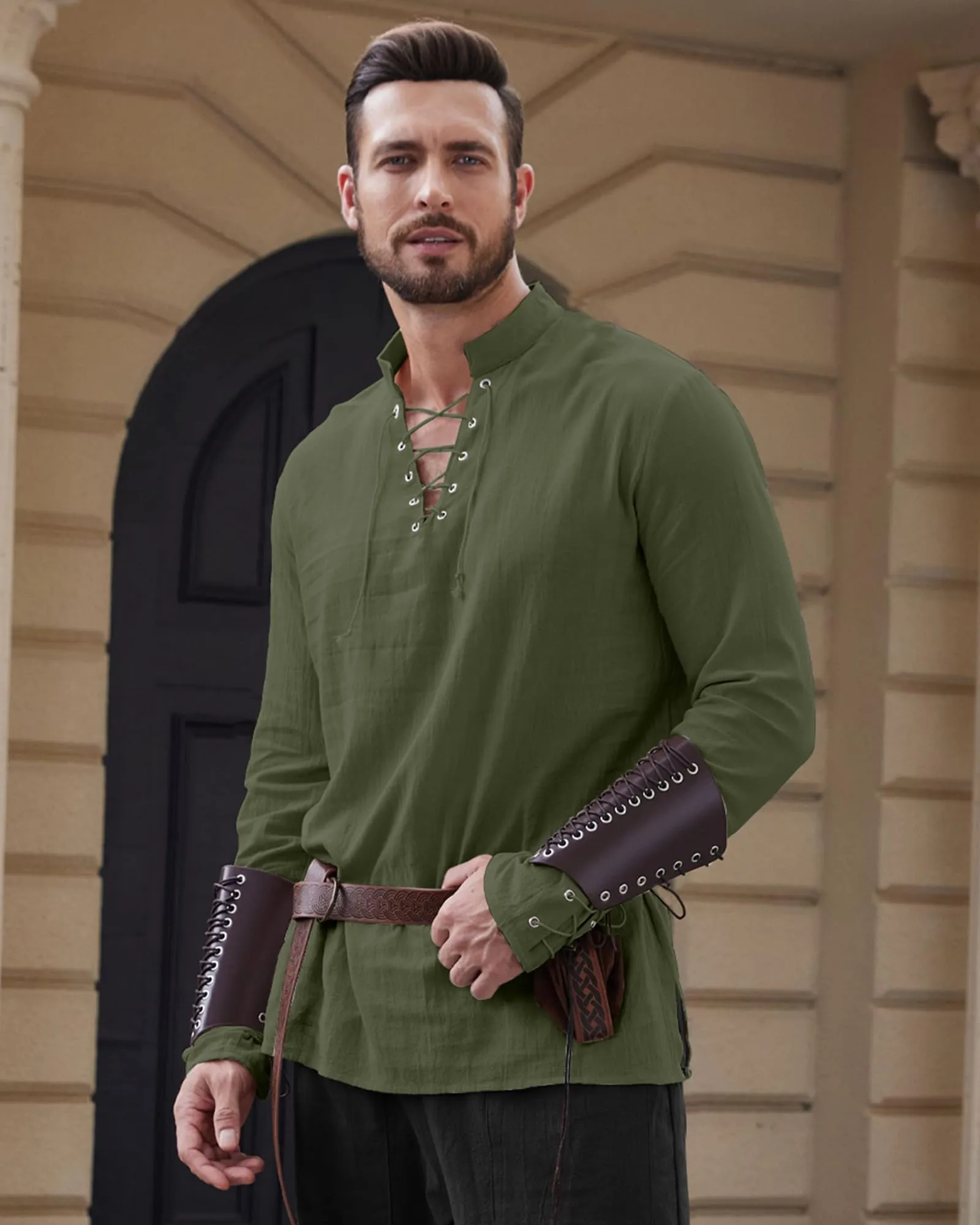 LVCBL Camicia Uomo Medievale Verde Militare XL - immagine 2