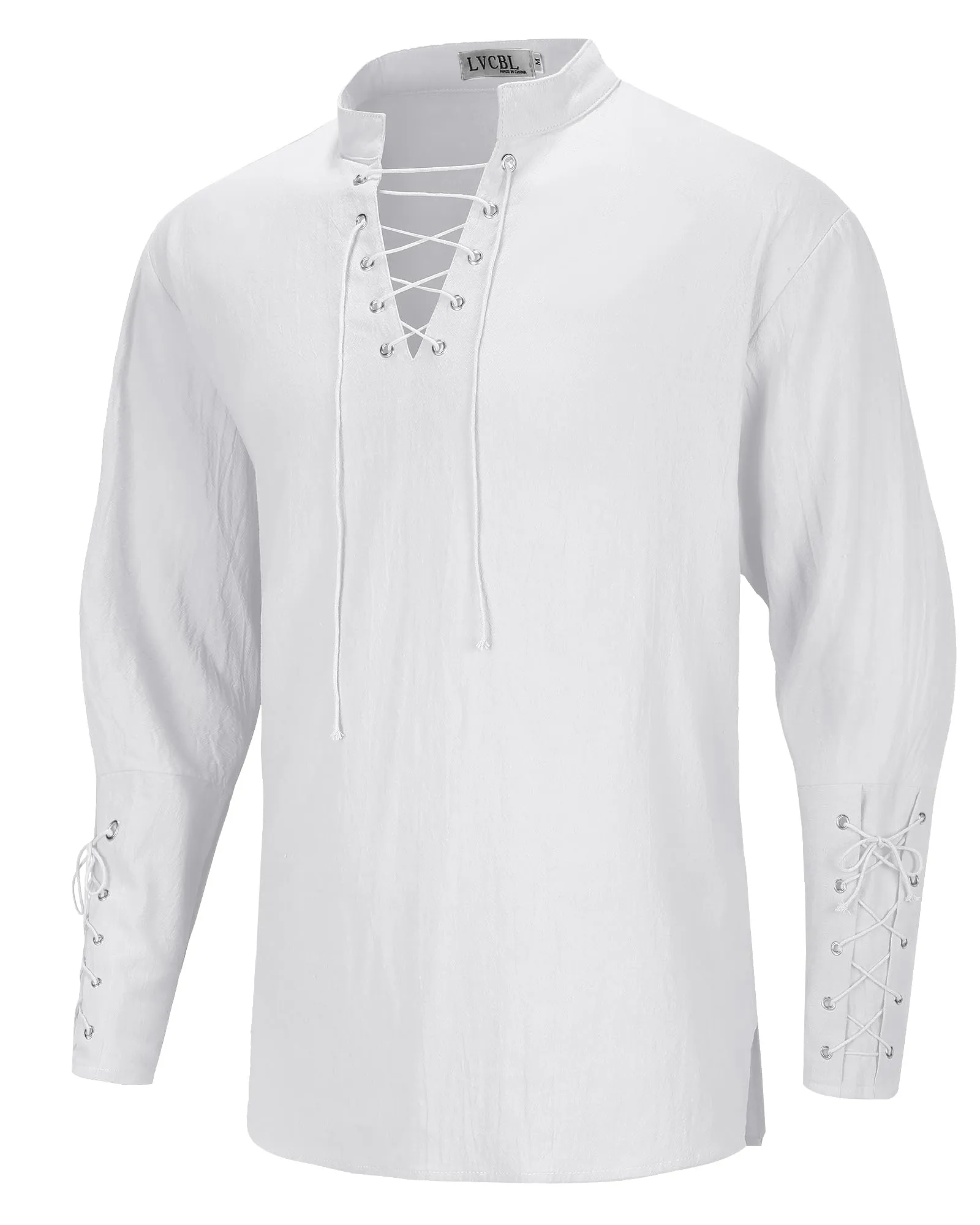 LVCBL Camicia Uomo con Collo a V e Lacci, Maniche Lunghe, Bianco, XL - immagine 4