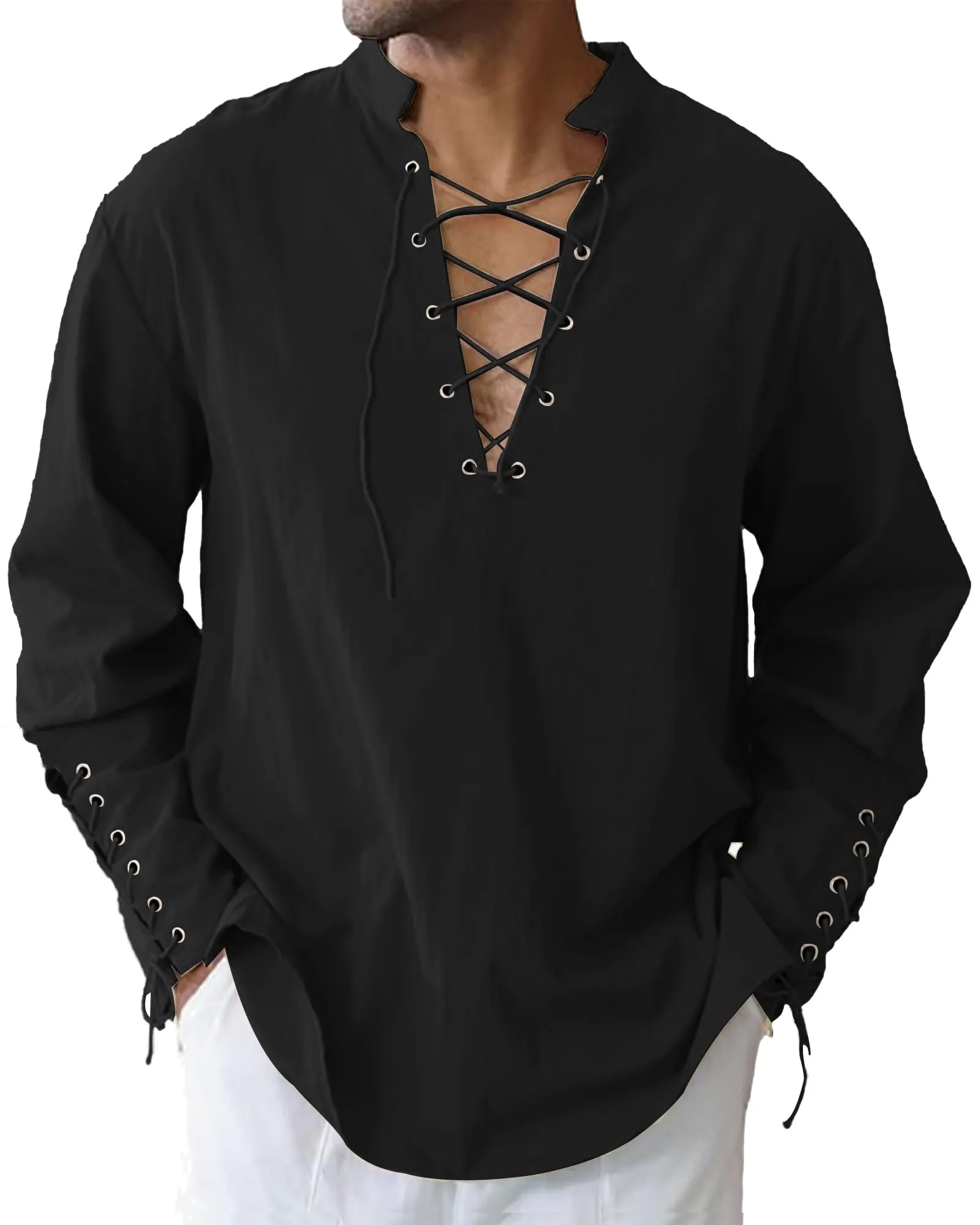 LVCBL Camicia Uomo Cosplay Medievale con Collo V e Lacci, Nero, 2XL - immagine 1