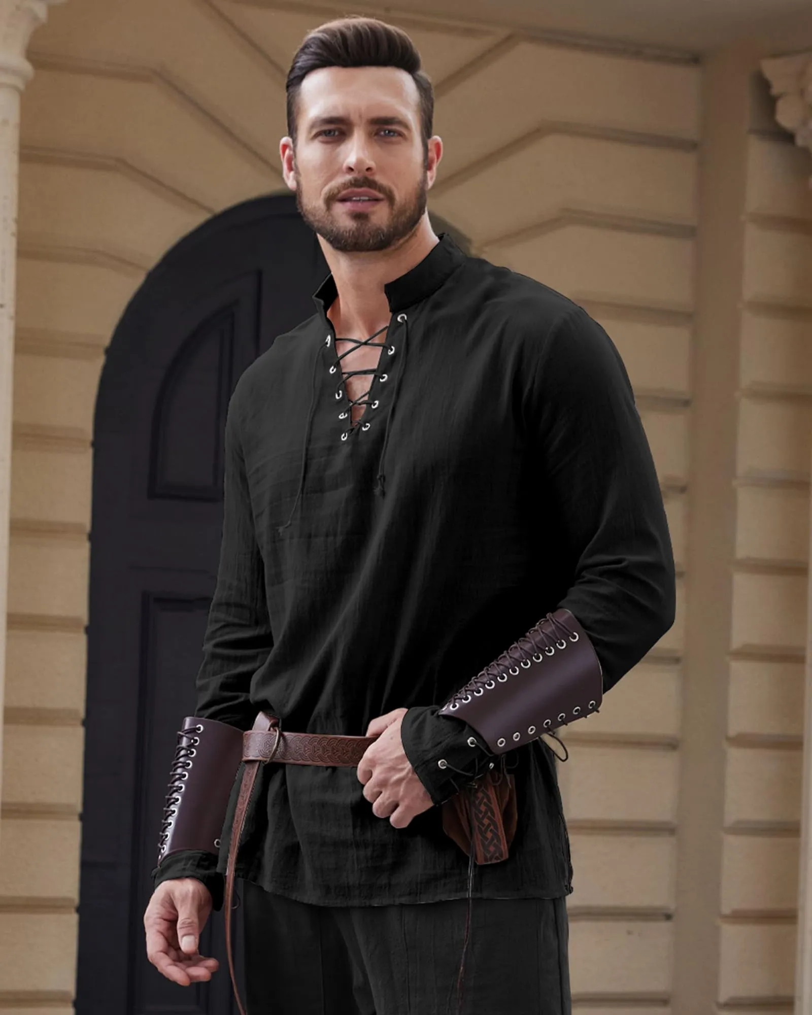 LVCBL Camicia Uomo Cosplay Medievale con Collo V e Lacci, Nero, 2XL - immagine 2