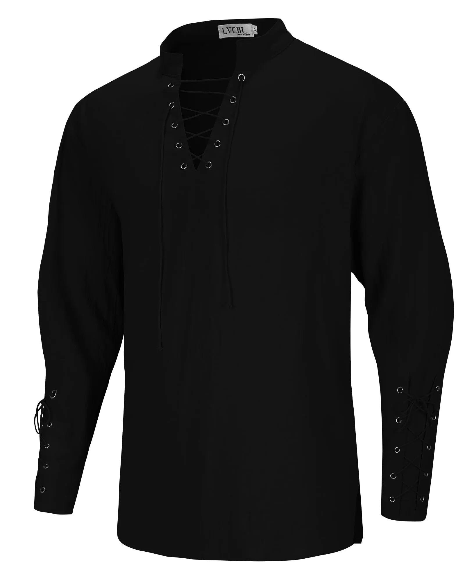 LVCBL Camicia Uomo Cosplay Medievale con Collo V e Lacci, Nero, 2XL - immagine 4