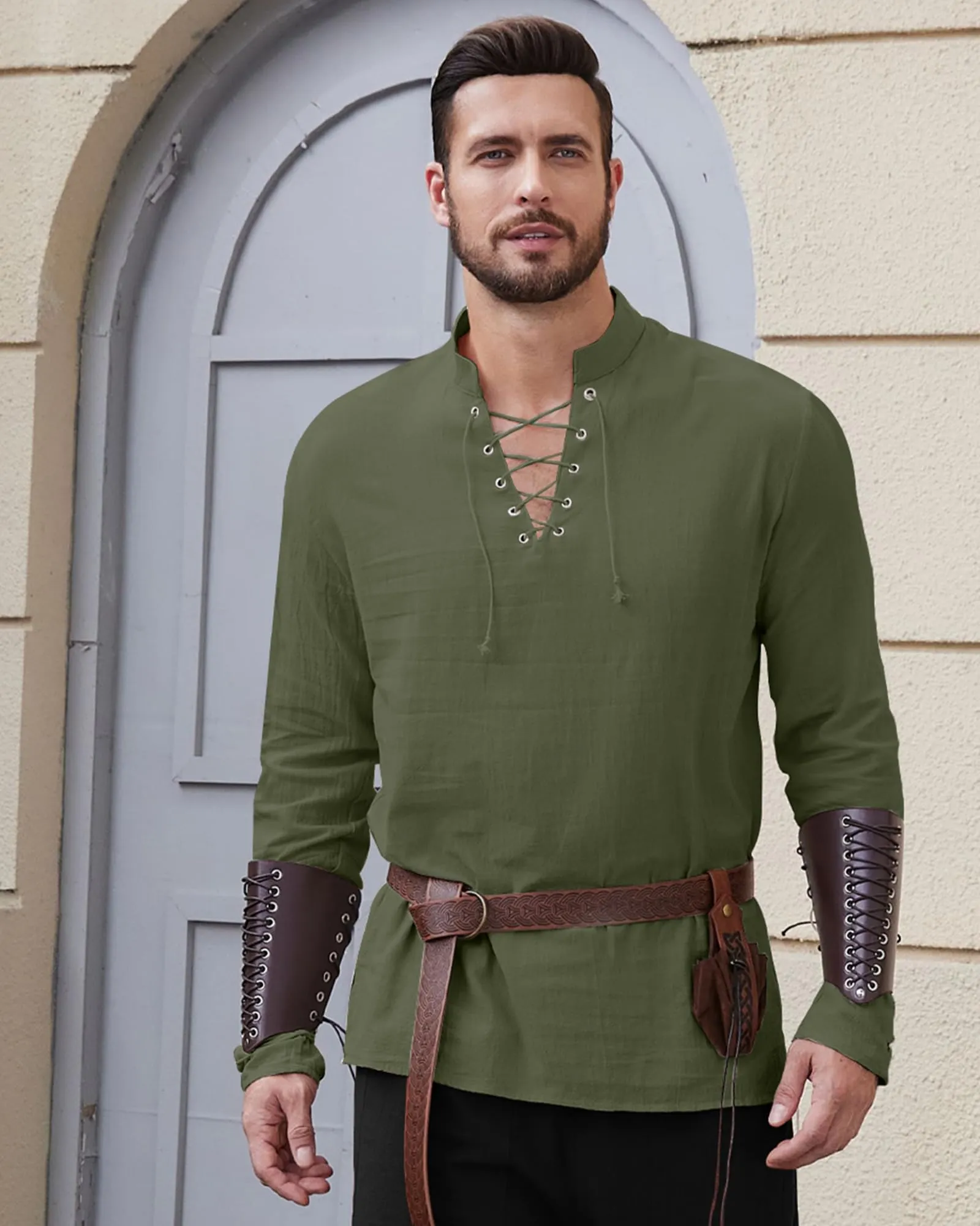 LVCBL Camicia Uomo Verde Militare con Lacci e Collo Coreano, M - immagine 3