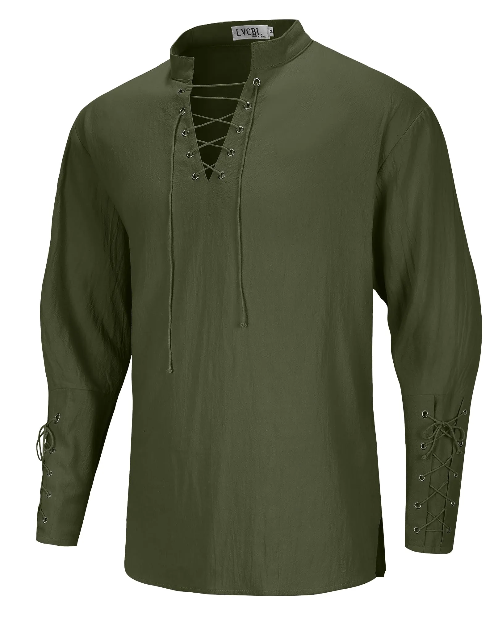 LVCBL Camicia Uomo Verde Militare con Lacci e Collo Coreano, M - immagine 4