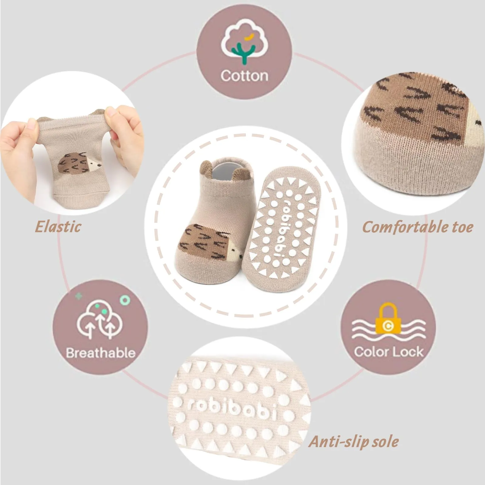 YANWANG Calzini Alla Caviglia Antiscivolo per Neonati e Bambini, 6 Paia, 0-12 mesi, A5-hedgehogs - immagine 2