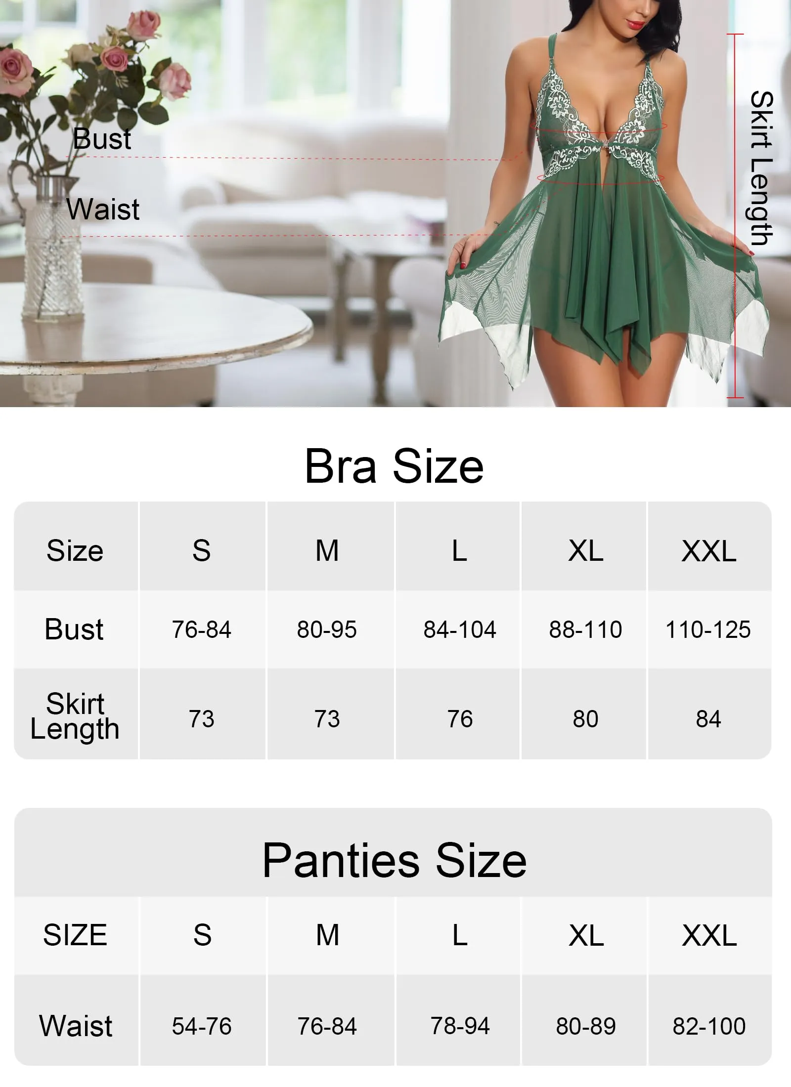ONGASOFT Lingerie Donna Babydoll in Pizzo Trasparente con Chiusura Frontale e Perizoma, Smeraldo - immagine 4