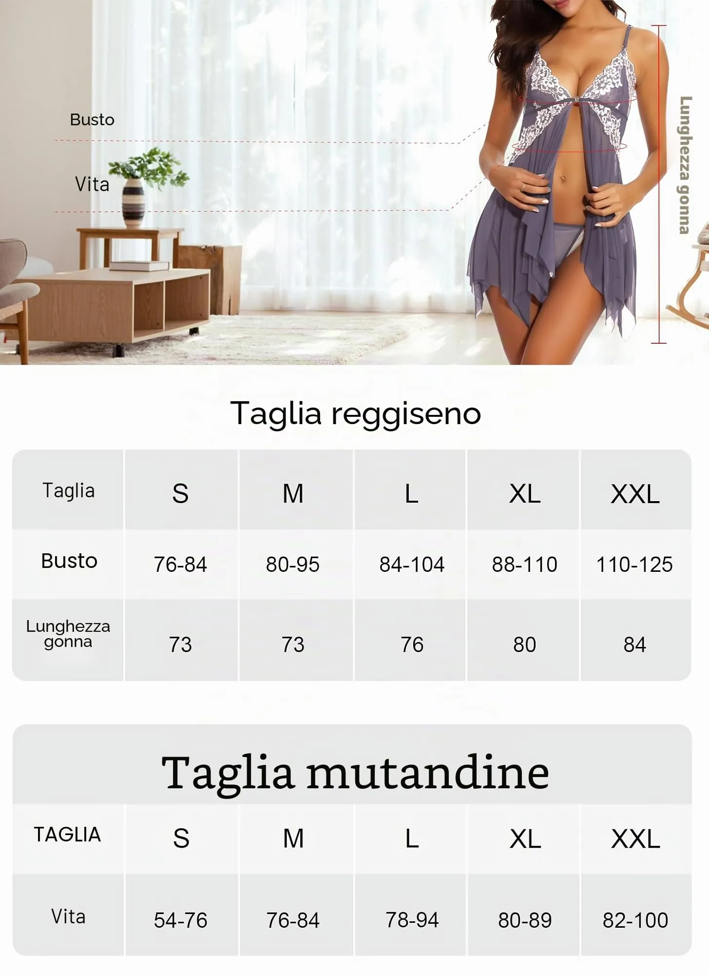 ONGASOFT Lingerie Donna Babydoll in Pizzo Trasparente con Chiusura Frontale e Perizoma, Grigio - immagine 4