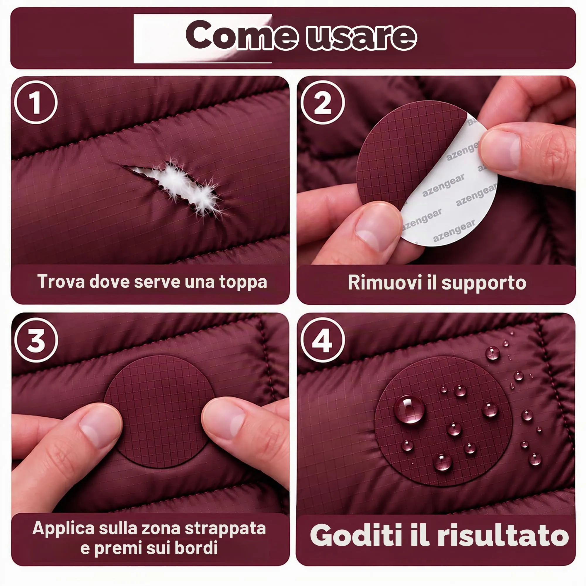 aZengear Toppe di Riparazione Impermeabili per Piumino e Tenda, 11 Pezzi, Bordeaux - immagine 2