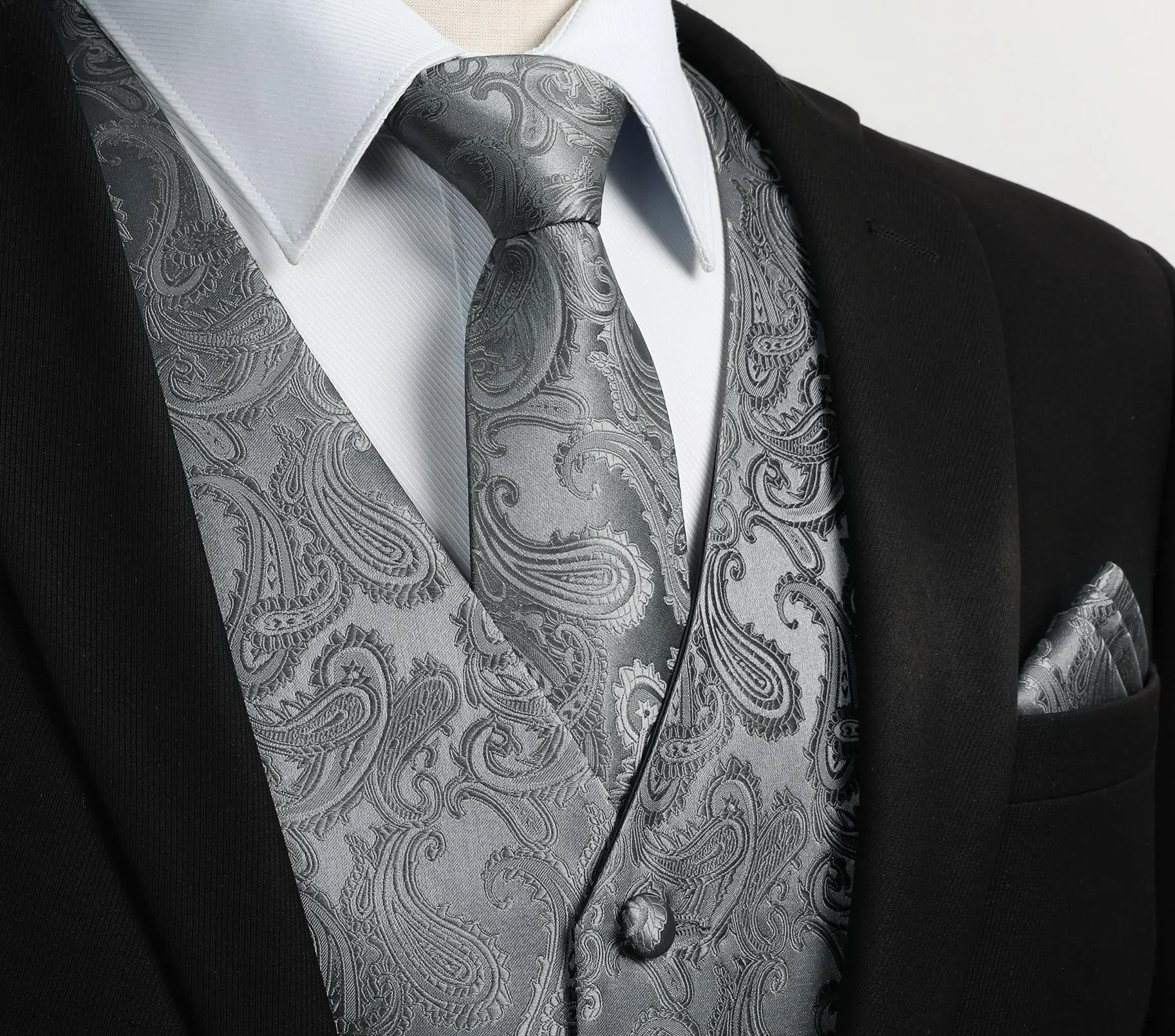 HISDERN Gilet da Uomo Nero Paisley Floreale Jacquard con Cravatta e Fazzoletto, XL - immagine 2