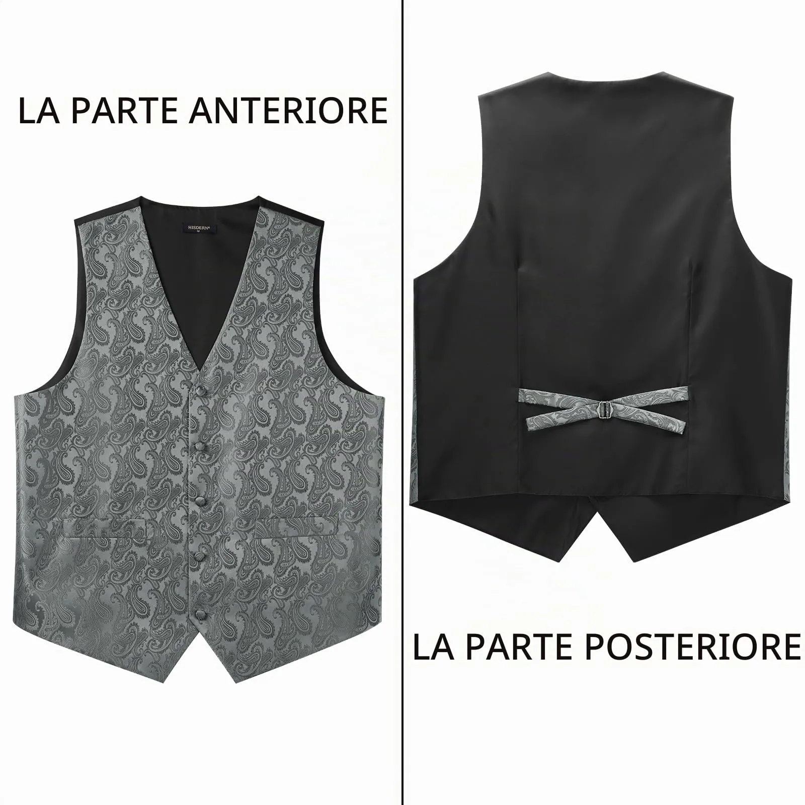 HISDERN Gilet da Uomo Nero Paisley Floreale Jacquard con Cravatta e Fazzoletto, Taglia M - immagine 3