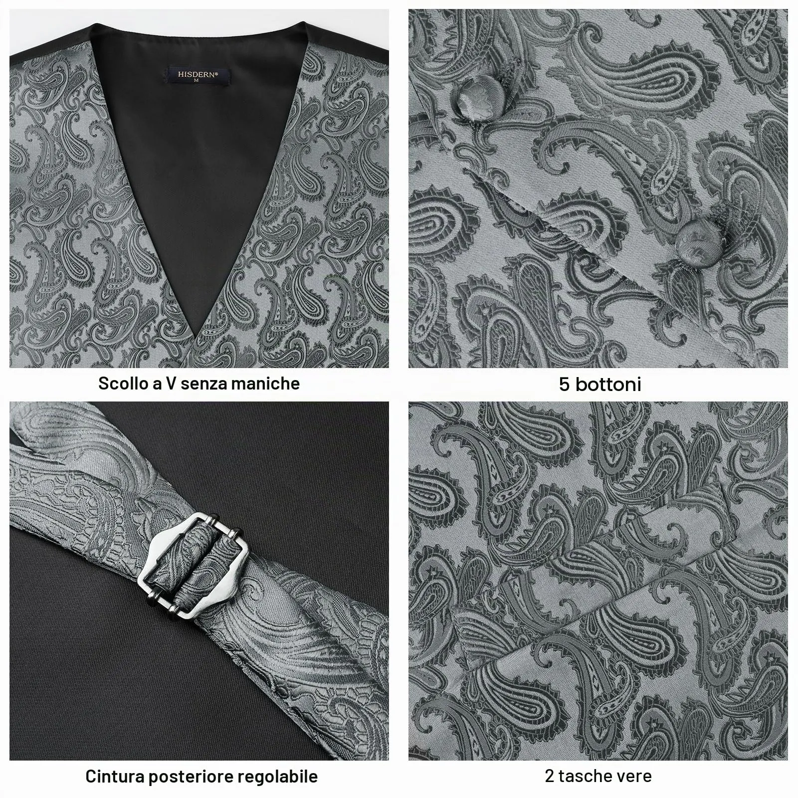 HISDERN Gilet da Uomo Nero Paisley Floreale Jacquard con Cravatta e Fazzoletto, Taglia M - immagine 4
