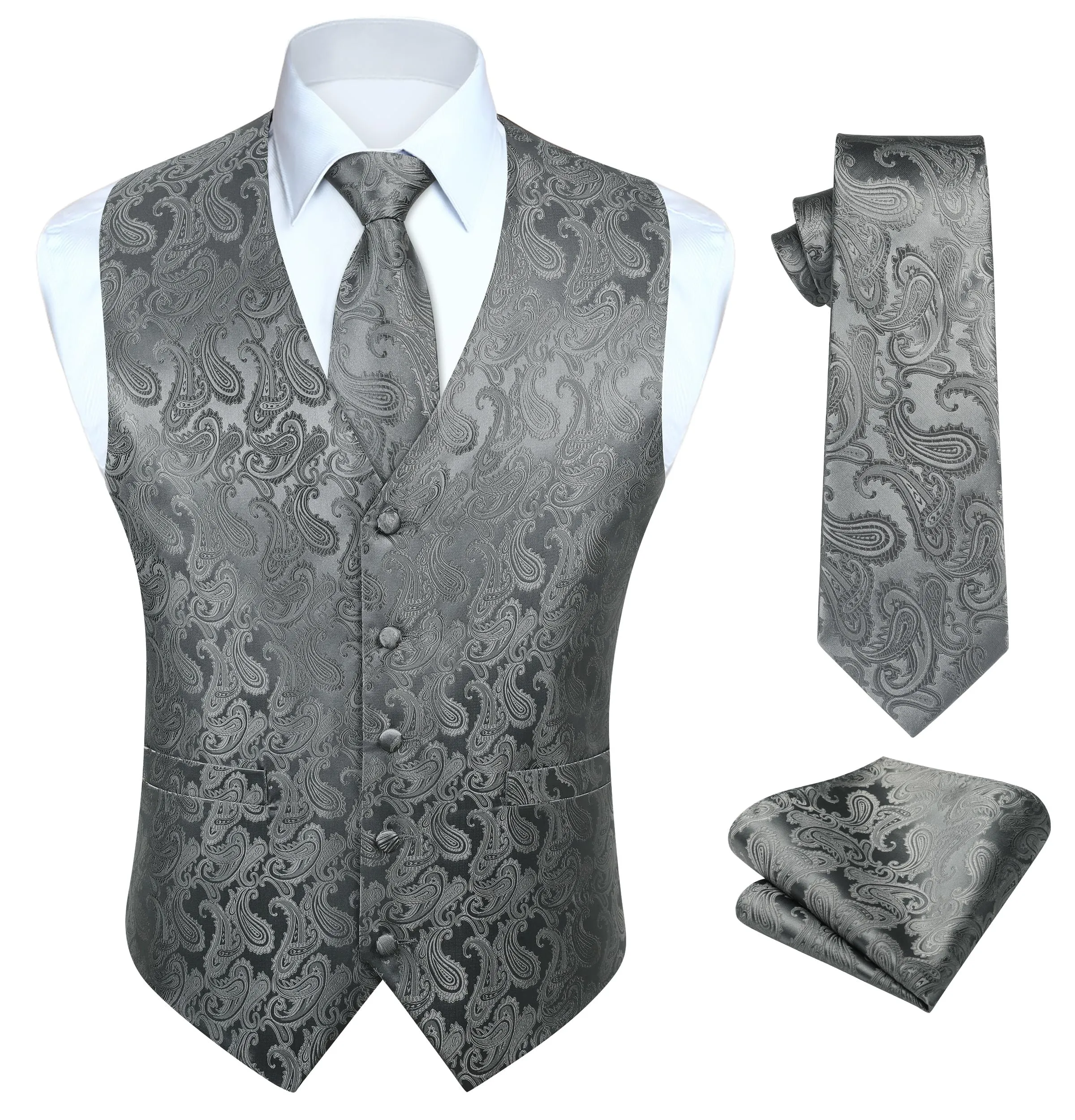 HISDERN Gilet da Uomo Paisley Floreale Jacquard con Cravatta e Fazzoletto, Nero, 3XL - immagine 1
