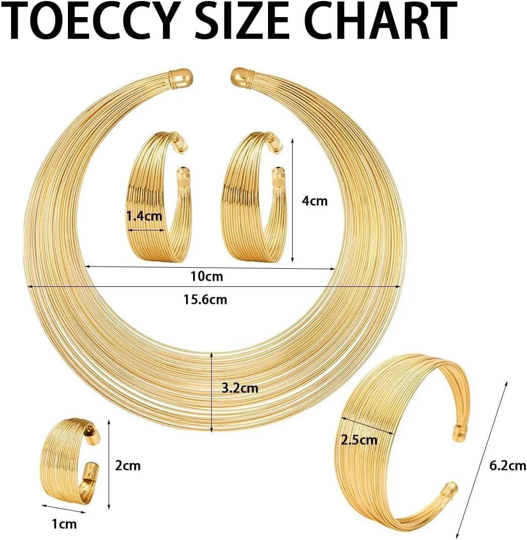 TOEECY Set di Gioielli in Stile Africano 5 Pezzi Collana Choker, Bracciale, Orecchini e Anello - Oro - immagine 4