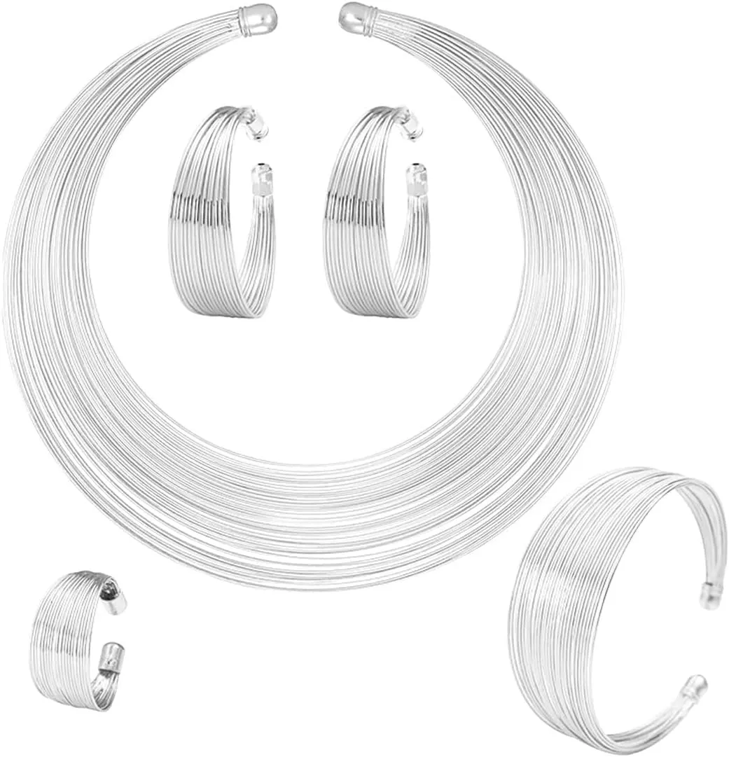 TOEECY Set Gioielli Stile Africano 5 Pezzi - Collana Choker, Bracciale, Orecchini e Anello (Argento) - immagine 1