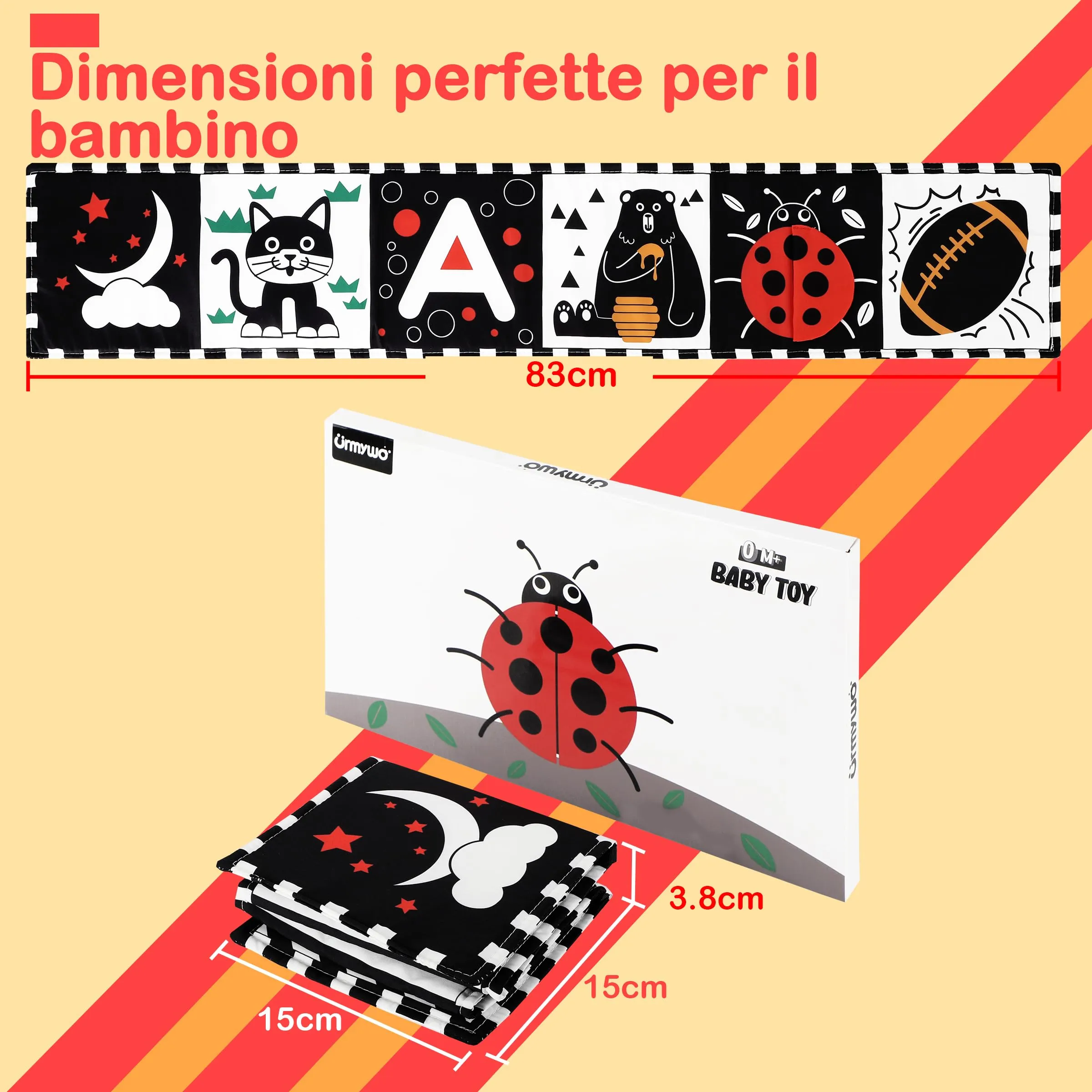 URMYWO Libro Sensoriale per Neonati Tummy Time, Bianco e Nero - immagine 3