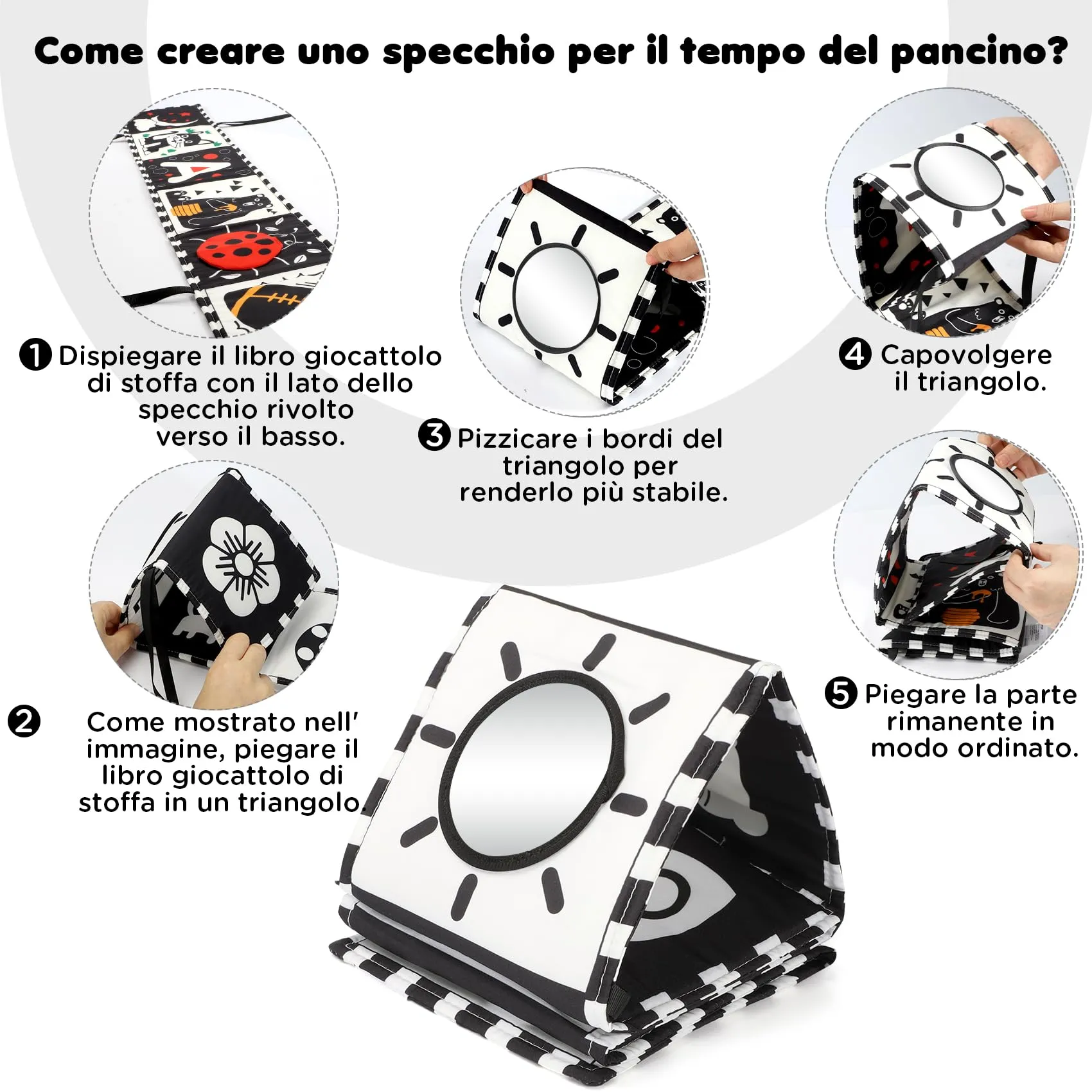 URMYWO Libro Sensoriale per Neonati Tummy Time, Bianco e Nero - immagine 5