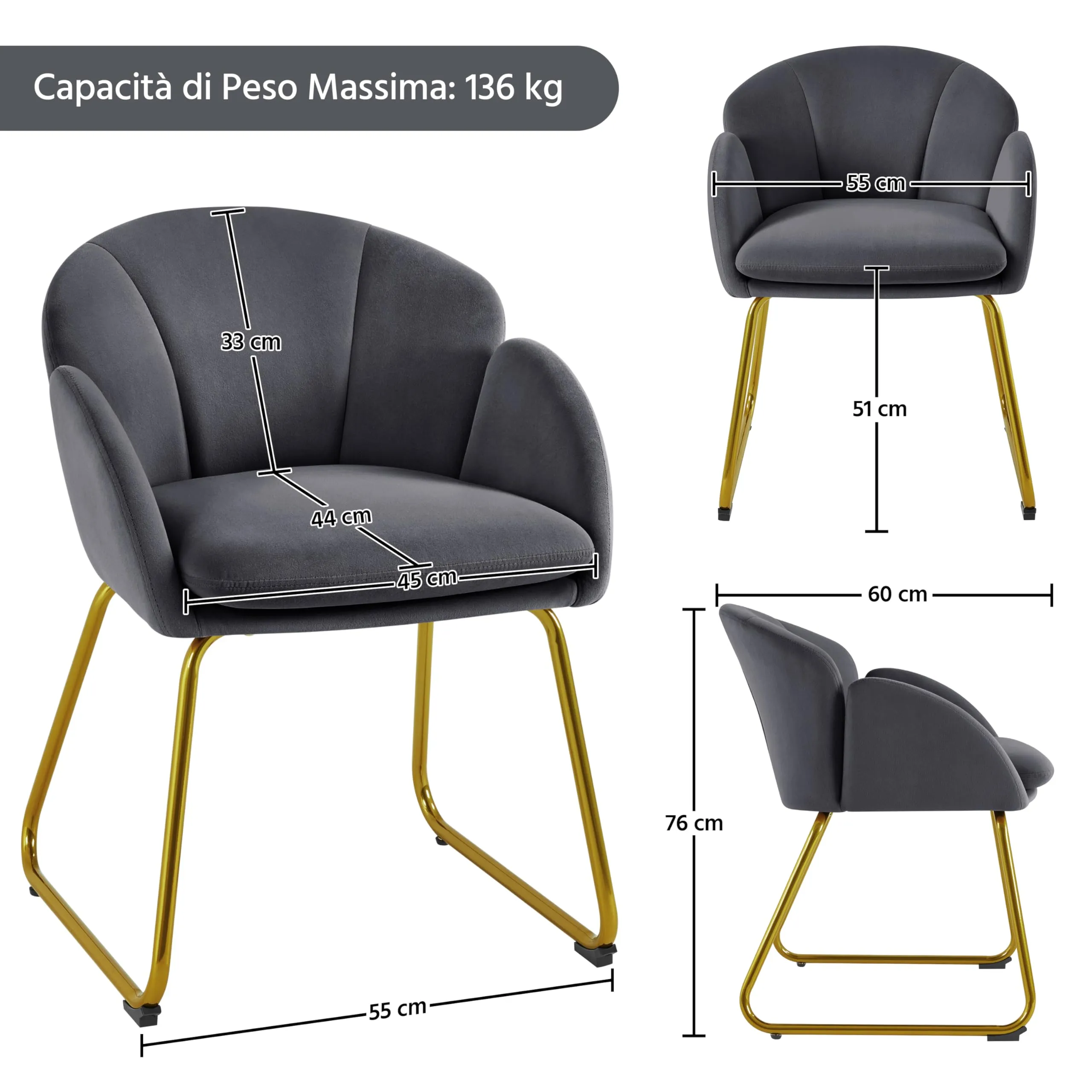 Yaheetech Poltrona Soggiorno Imbottita in Velluto con Schienale Circolare e Gambe in Metallo, Grigio Scuro - immagine 3
