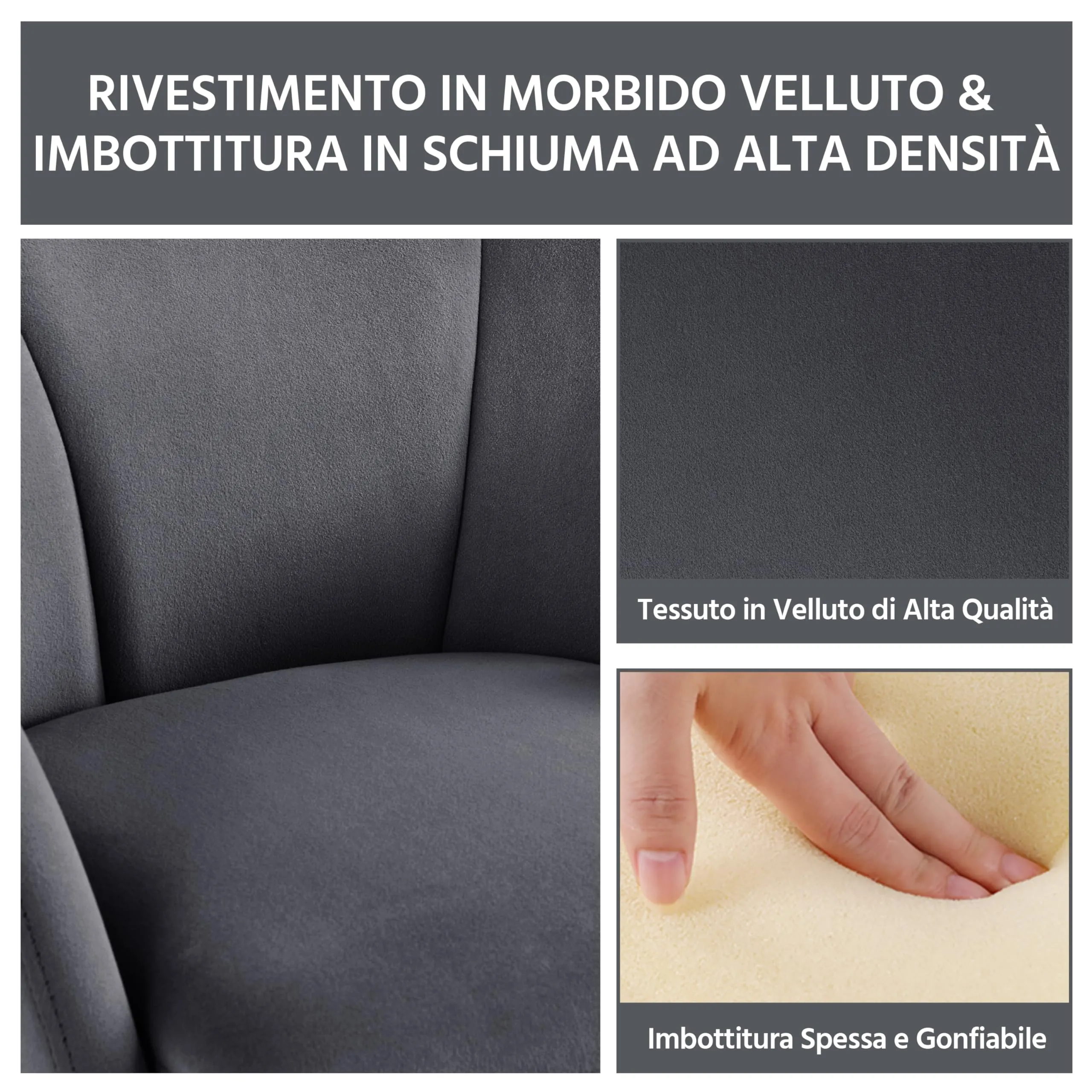 Yaheetech Poltrona Soggiorno Imbottita in Velluto con Schienale Circolare e Gambe in Metallo, Grigio Scuro - immagine 4