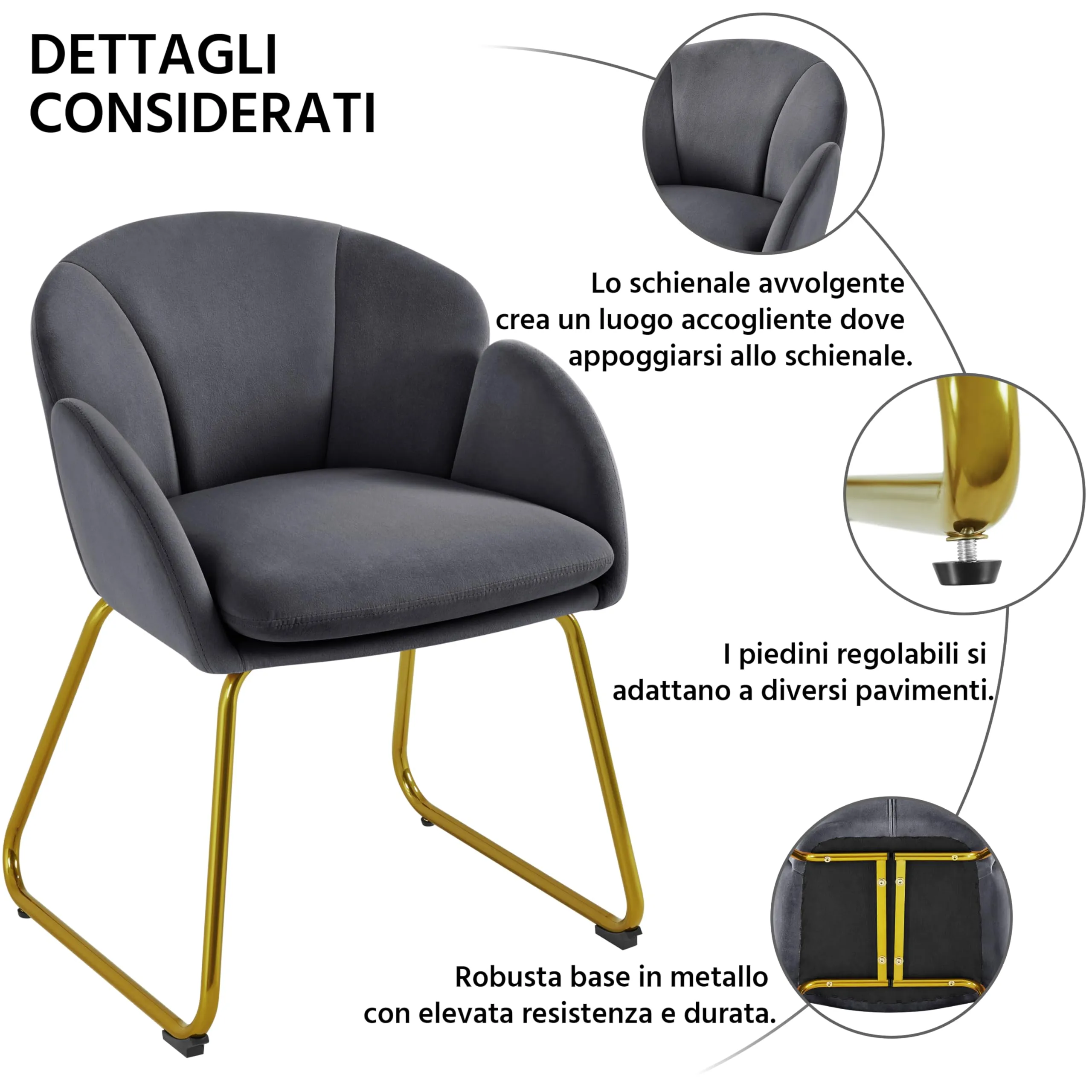 Yaheetech Poltrona Soggiorno Imbottita in Velluto con Schienale Circolare e Gambe in Metallo, Grigio Scuro - immagine 5