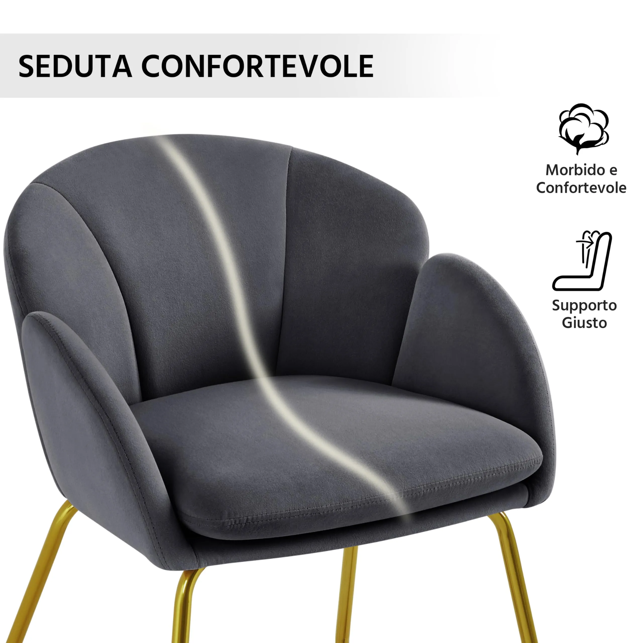 Yaheetech Poltrona Soggiorno Imbottita in Velluto con Schienale Circolare e Gambe in Metallo, Grigio Scuro - immagine 9