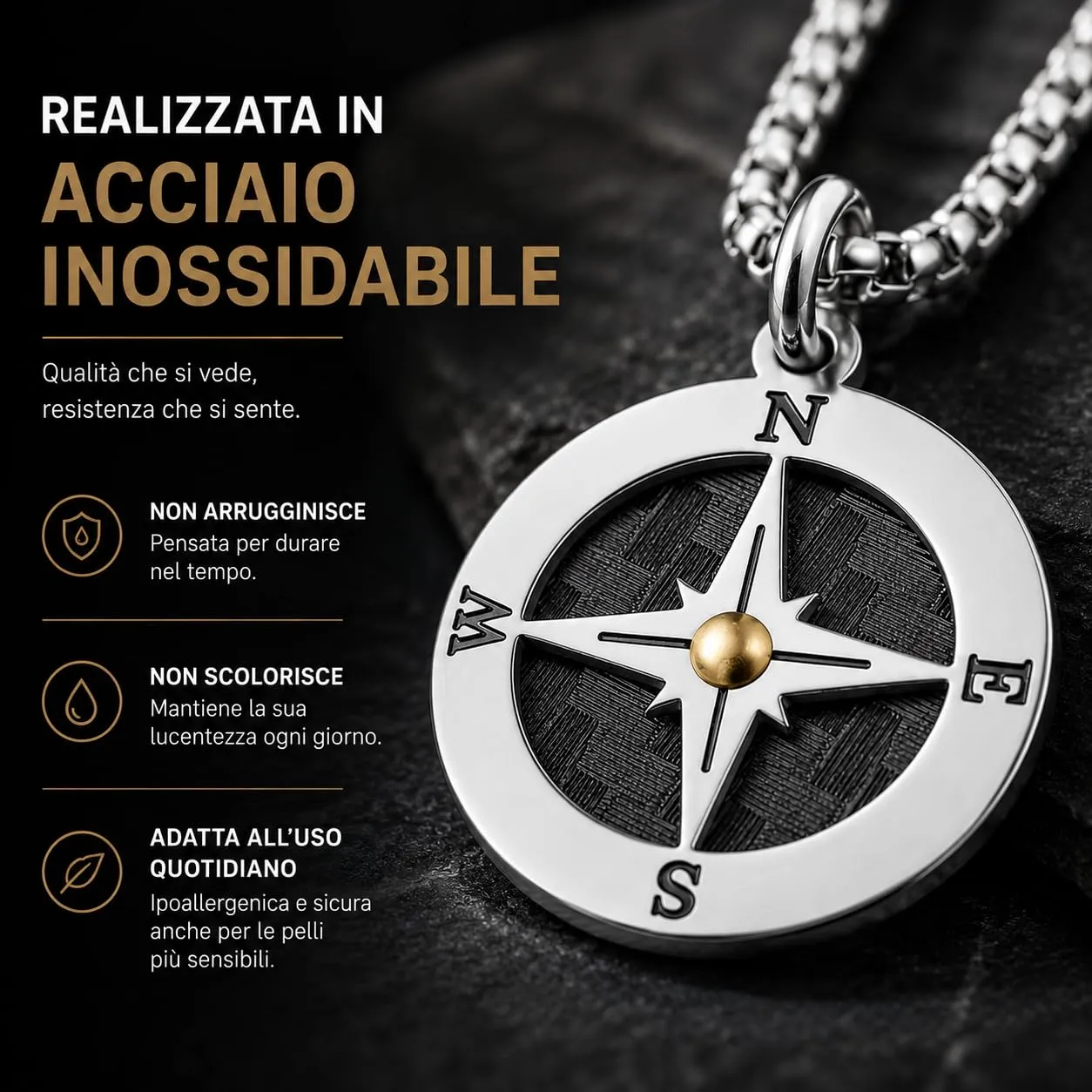 SAGA GIOIELLI Collana Uomo Rosa Dei Venti Acciaio Punto Dorato - immagine 2