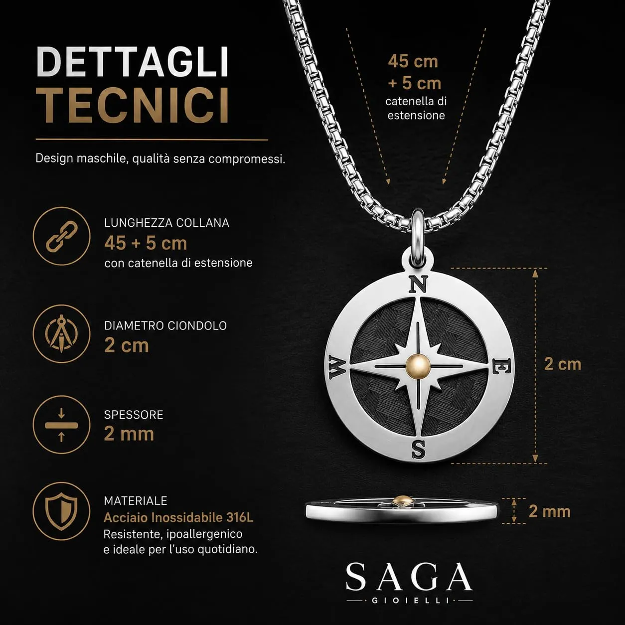 SAGA GIOIELLI Collana Uomo Rosa Dei Venti Acciaio Punto Dorato - immagine 4