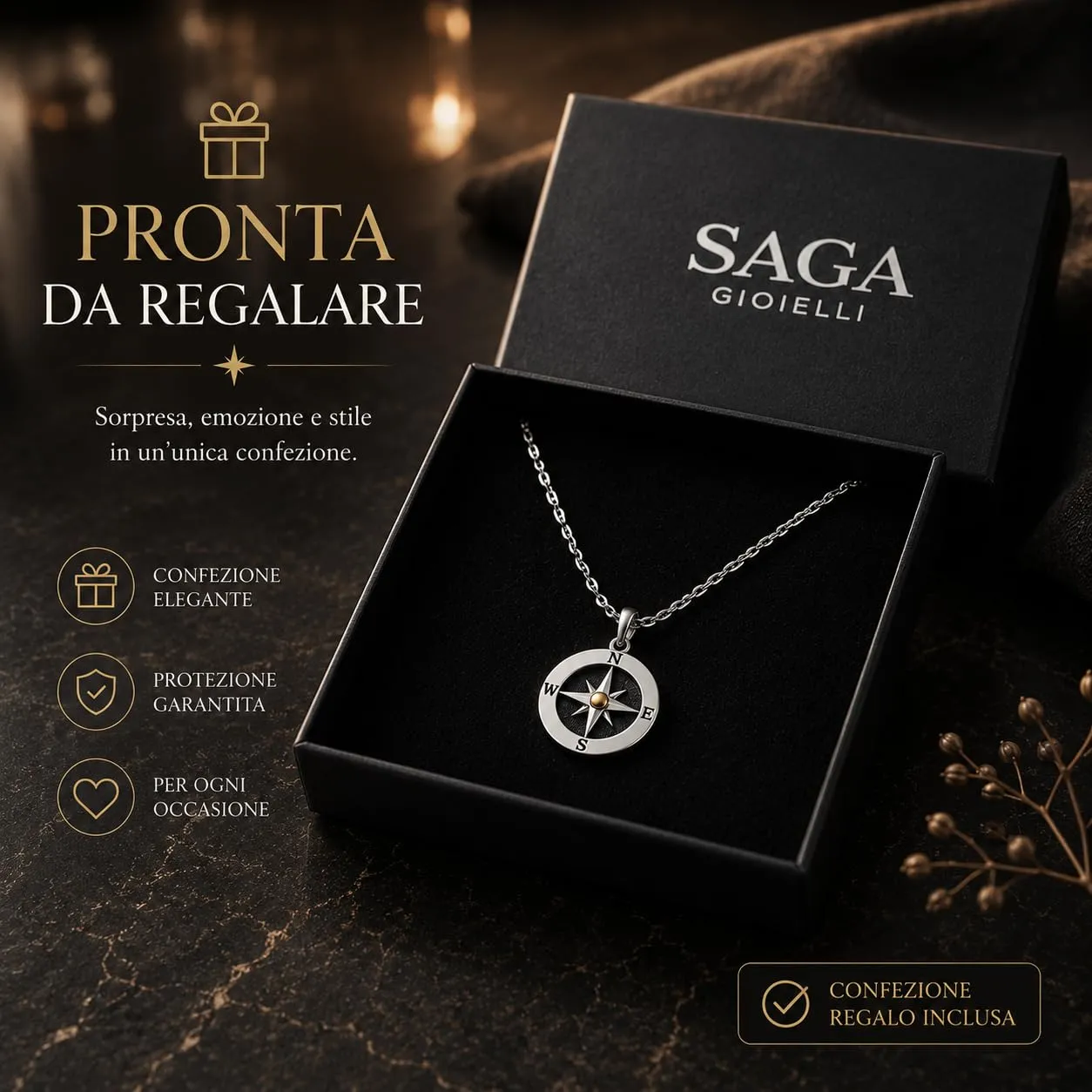 SAGA GIOIELLI Collana Uomo Rosa Dei Venti Acciaio Punto Dorato - immagine 6