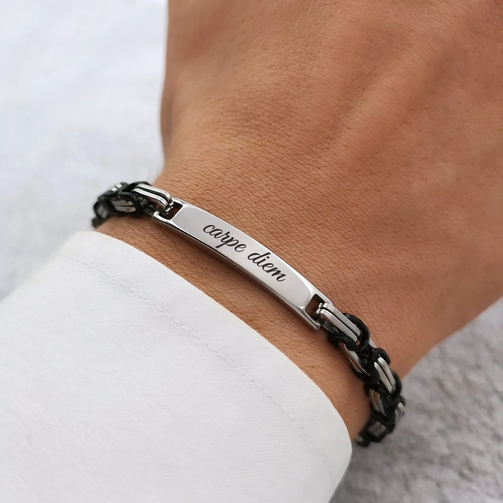 ALMENDRA Bracciale da uomo personalizzato in acciaio, maglia bizantina nero - immagine 5