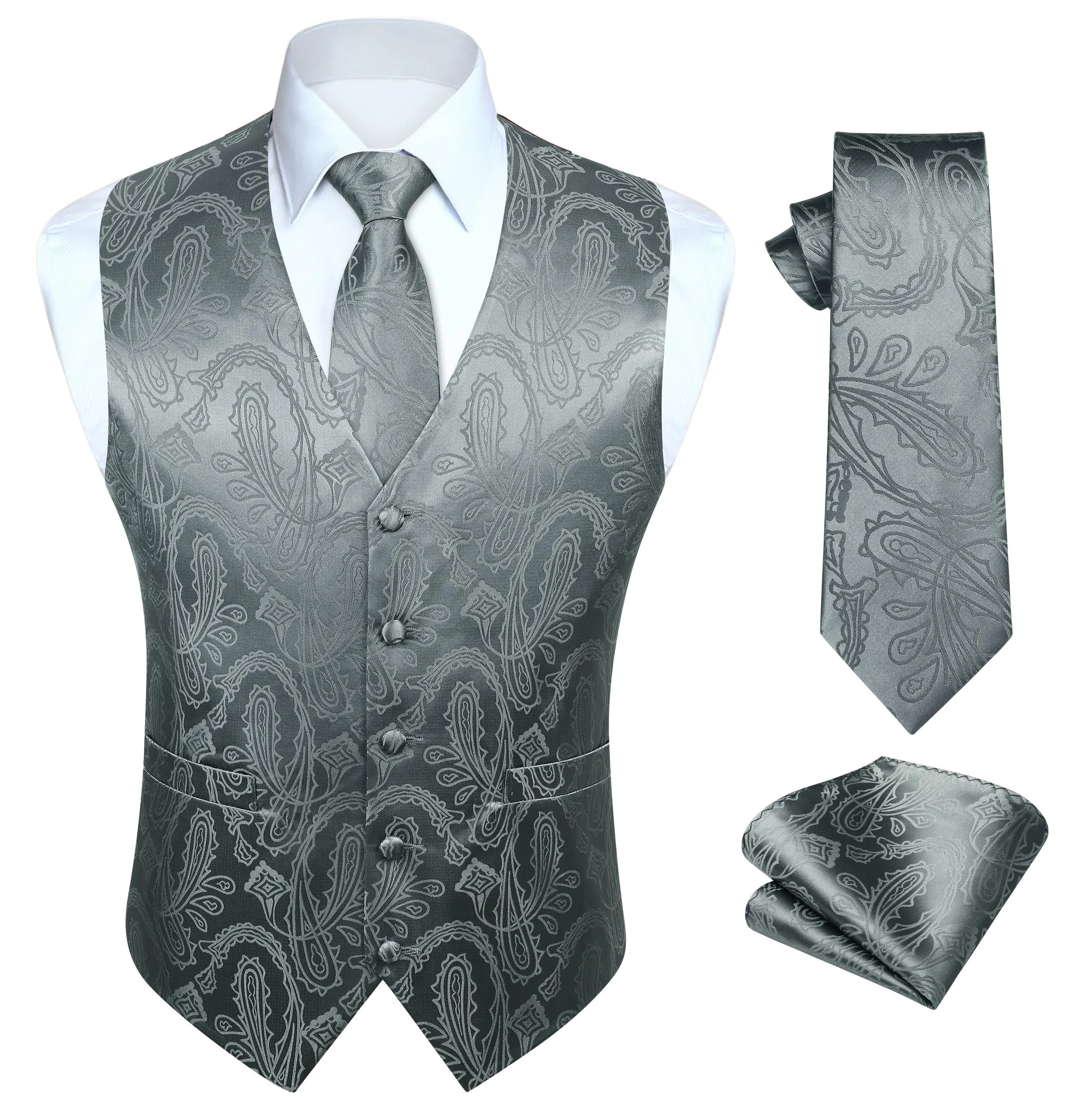 HISDERN Gilet Uomo Jacquard Paisley Grigio Scuro con Fazzoletto da Taschino, 4XL - immagine 1
