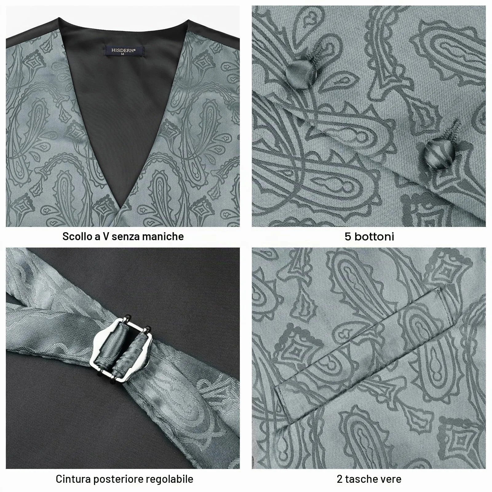HISDERN Gilet Uomo Jacquard Paisley Grigio Scuro con Fazzoletto da Taschino, 4XL - immagine 4