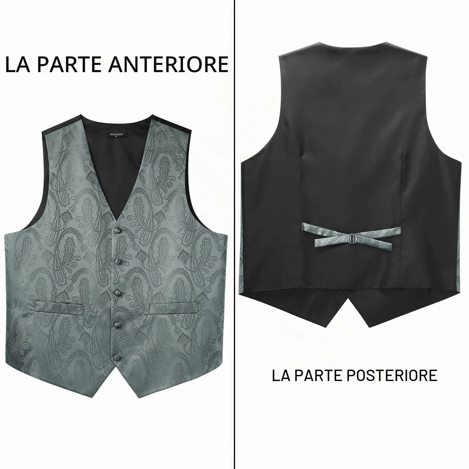 HISDERN Gilet Uomo Paisley Floreale Jacquard con Cravatta e Fazzoletto da Taschino, 2XL, Grigio Scuro - immagine 3