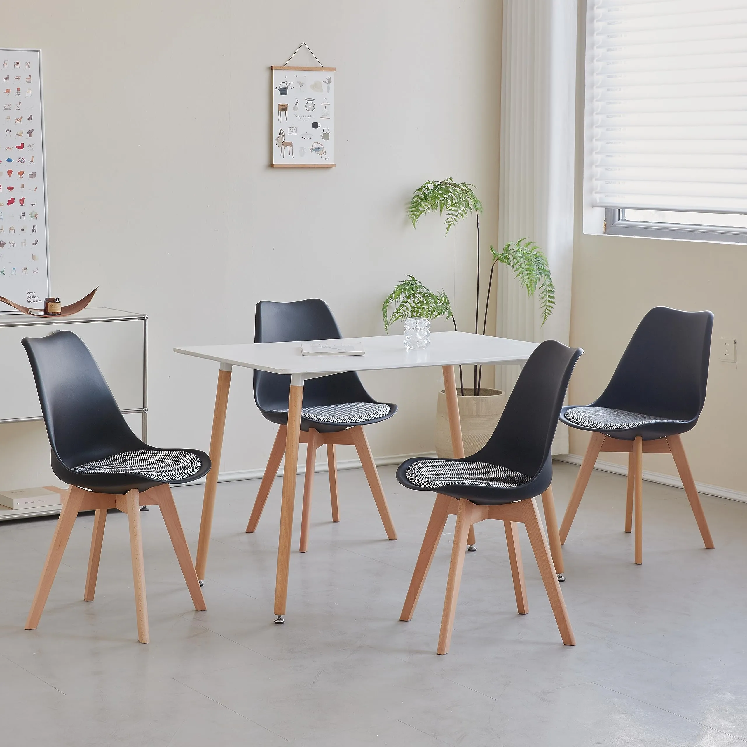 GrandCA HOME Set di 4 Sedie da Pranzo in Legno di Faggio Massello, Design Retrò, Imbottite, Nero-QNG - immagine 2