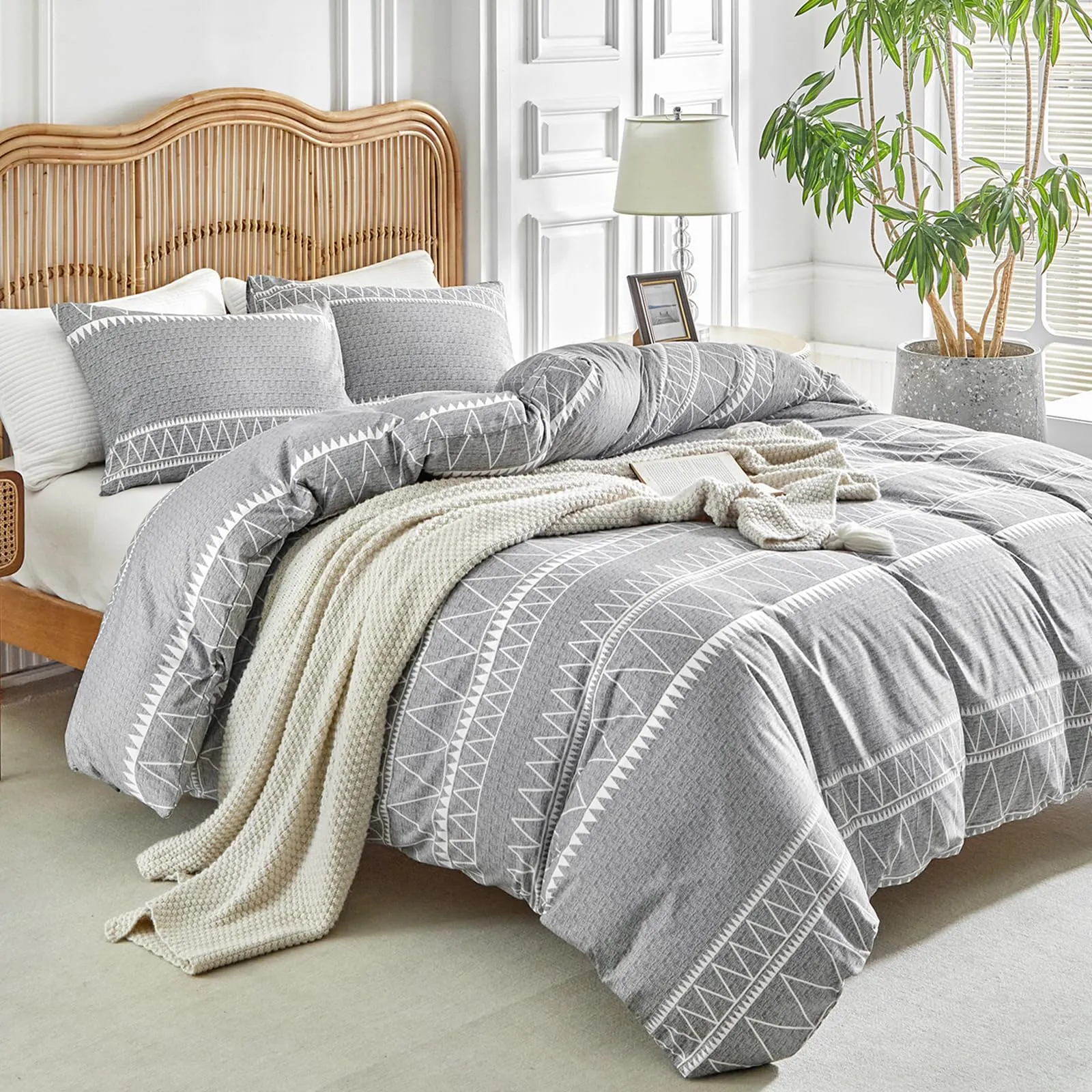 Tokokimo Set Copripiumino Matrimoniale 3 Pezzi in Microfibra, Motivo Bohémien, 240x220cm, Grigio - immagine 2