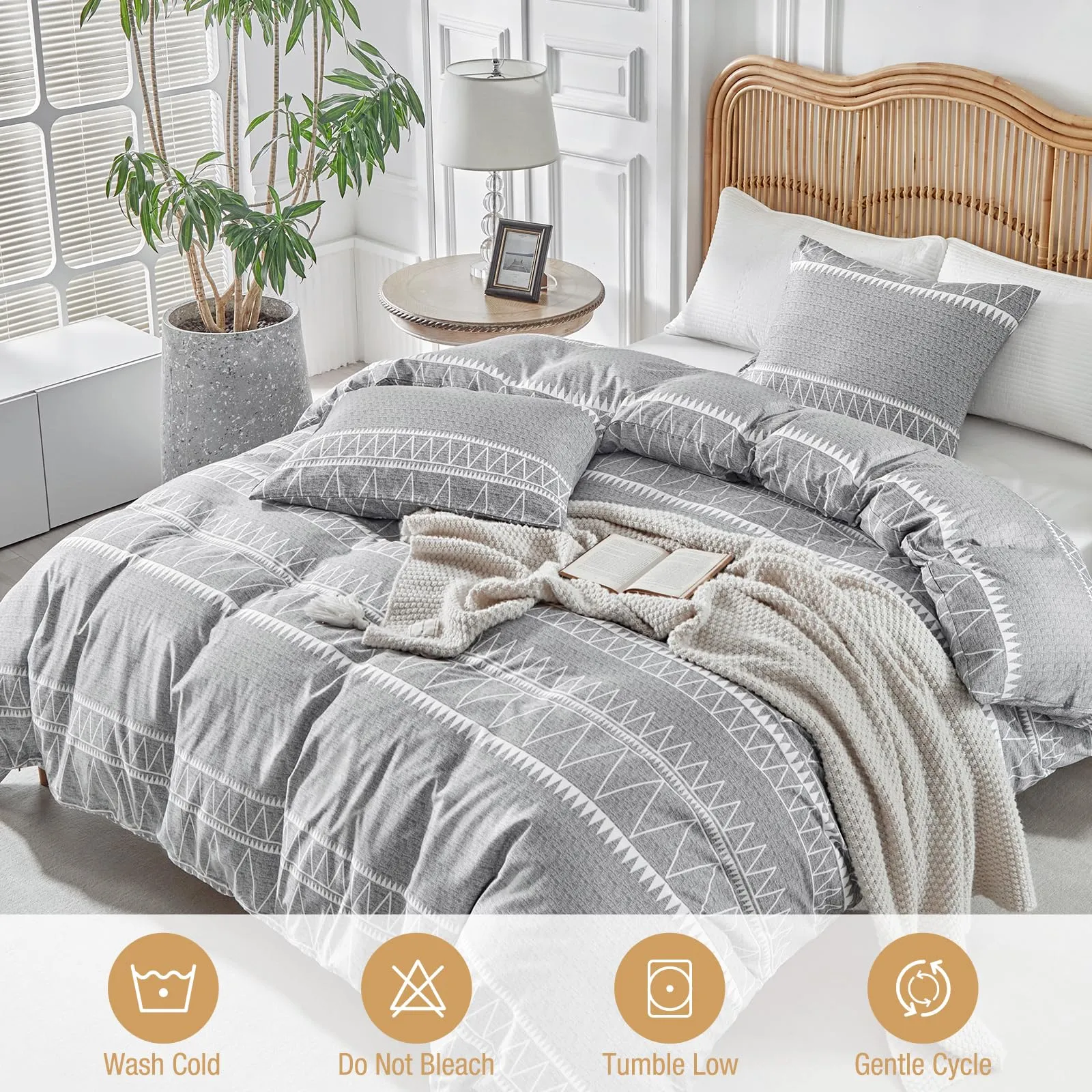 Tokokimo Set Copripiumino Matrimoniale 3 Pezzi in Microfibra, Motivo Bohémien, 240x220cm, Grigio - immagine 4