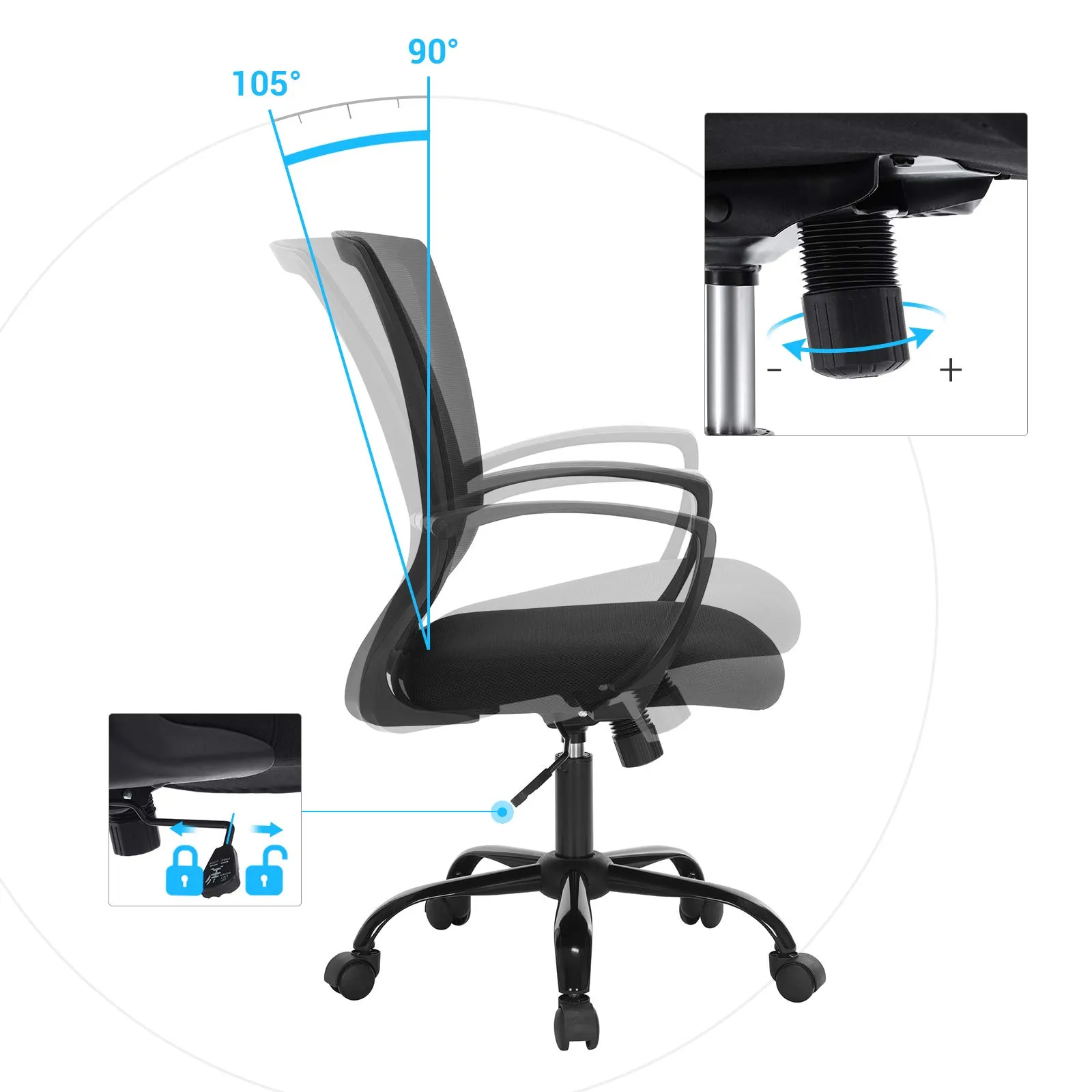 SONGMICS Sedia da Ufficio in Rete Girevole Regolabile Nero OBN22BK - immagine 6
